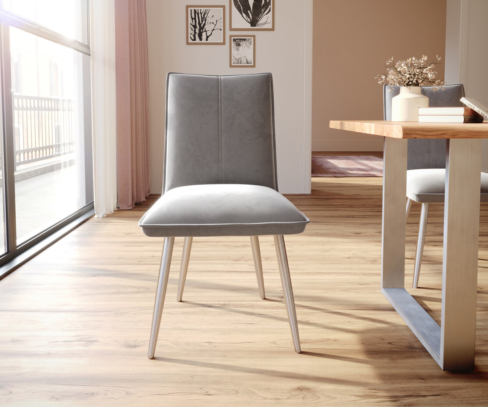 Eetkamerstoel Lelio-Flex fluweel grijs 4-poot conisch roestvrij staal pocketveer kern 1 Eetkamerstoel Lelio-Flex fluweel grijs 4-poot conisch roestvrij staal pocketveer kern 1