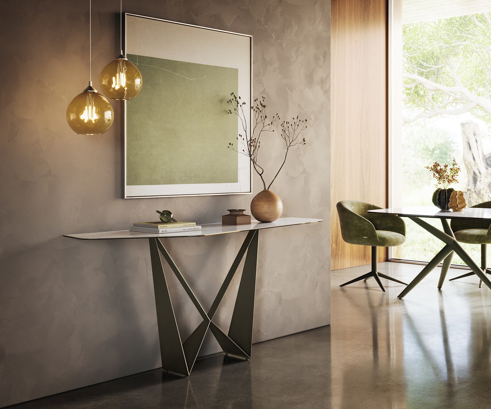 Consoletafel Edge Polygonaal 180x50 cm Keramiek Onyx Pearl Spios Metaal Effektfinish Titan 7