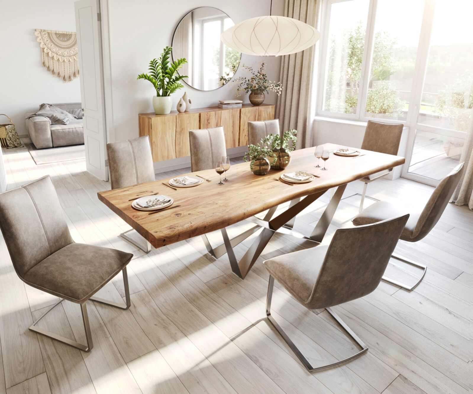 Eettafel Edge 280x100 XL acacia natuur Spider staal  roestvrij staal  Live-Edge 6