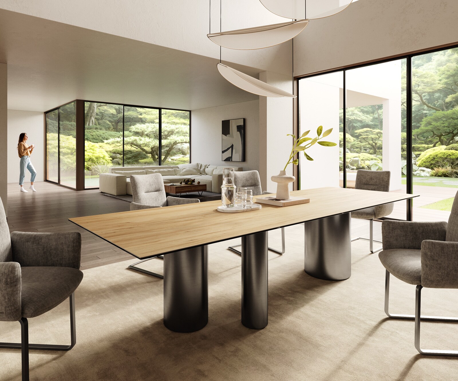 Eetkamertafel Edge 300x100 keramiek Laminam® Sabbia eiken kleur Troa roestvrij staal grafiet