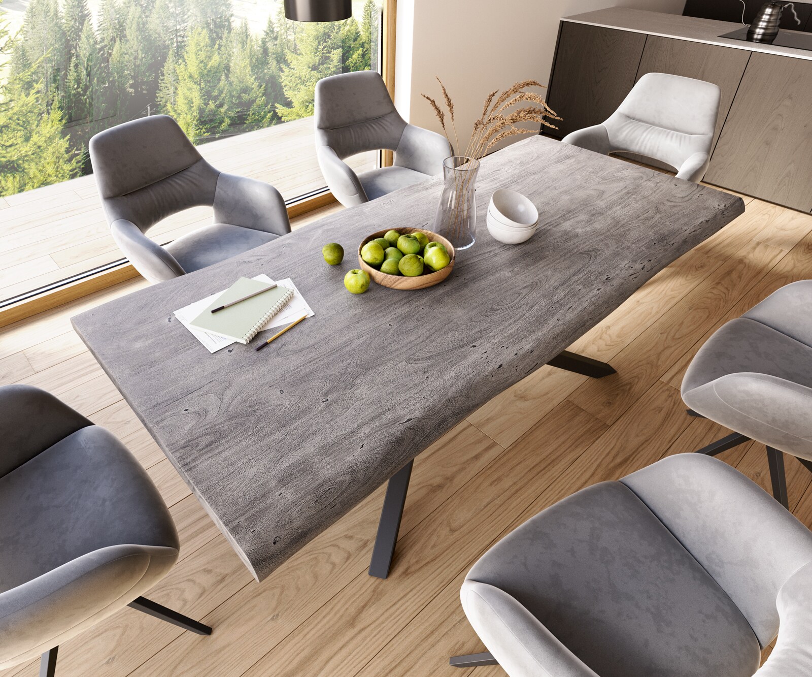 Eettafel Edge 220x100 XL acacia platina  kruisframe rechthoek zwart  Live-Edge 4