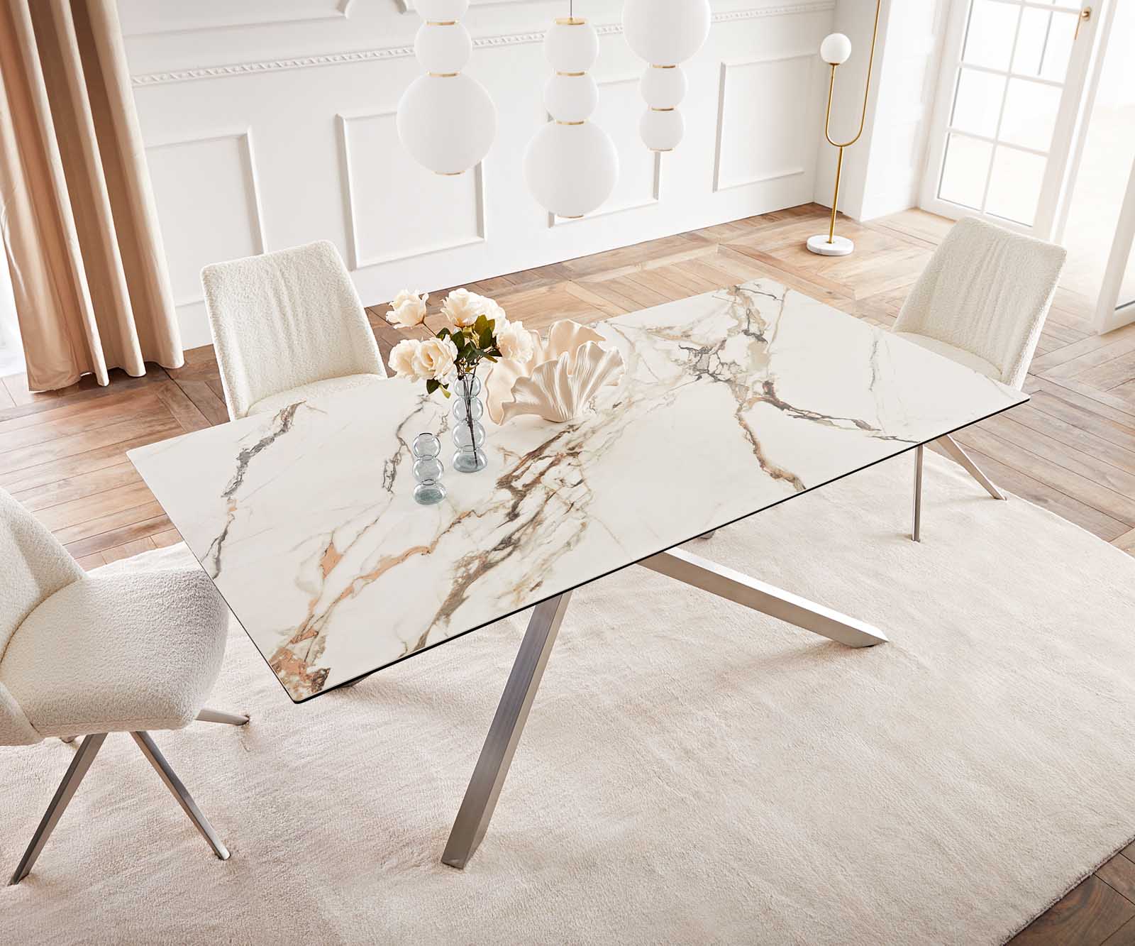 Eetkamertafel Edge 200x100 keramiek Calacatta Luxe wit-goud-grijs kruisframe rechthoek RVS 5