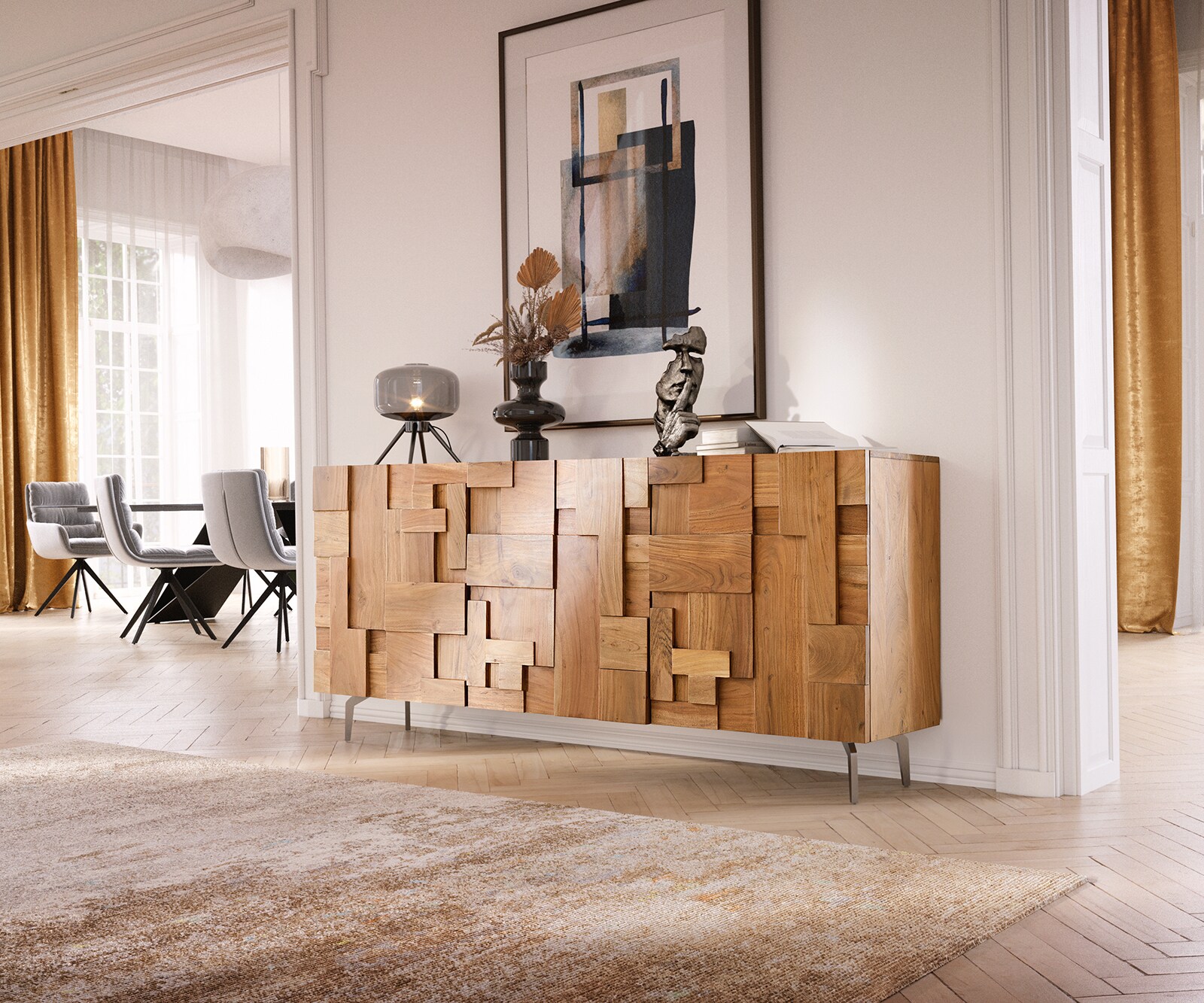 Dressoir Puzzle 175 cm acacia Natuur 3 Deurs hoekonderstel roestvrij staal