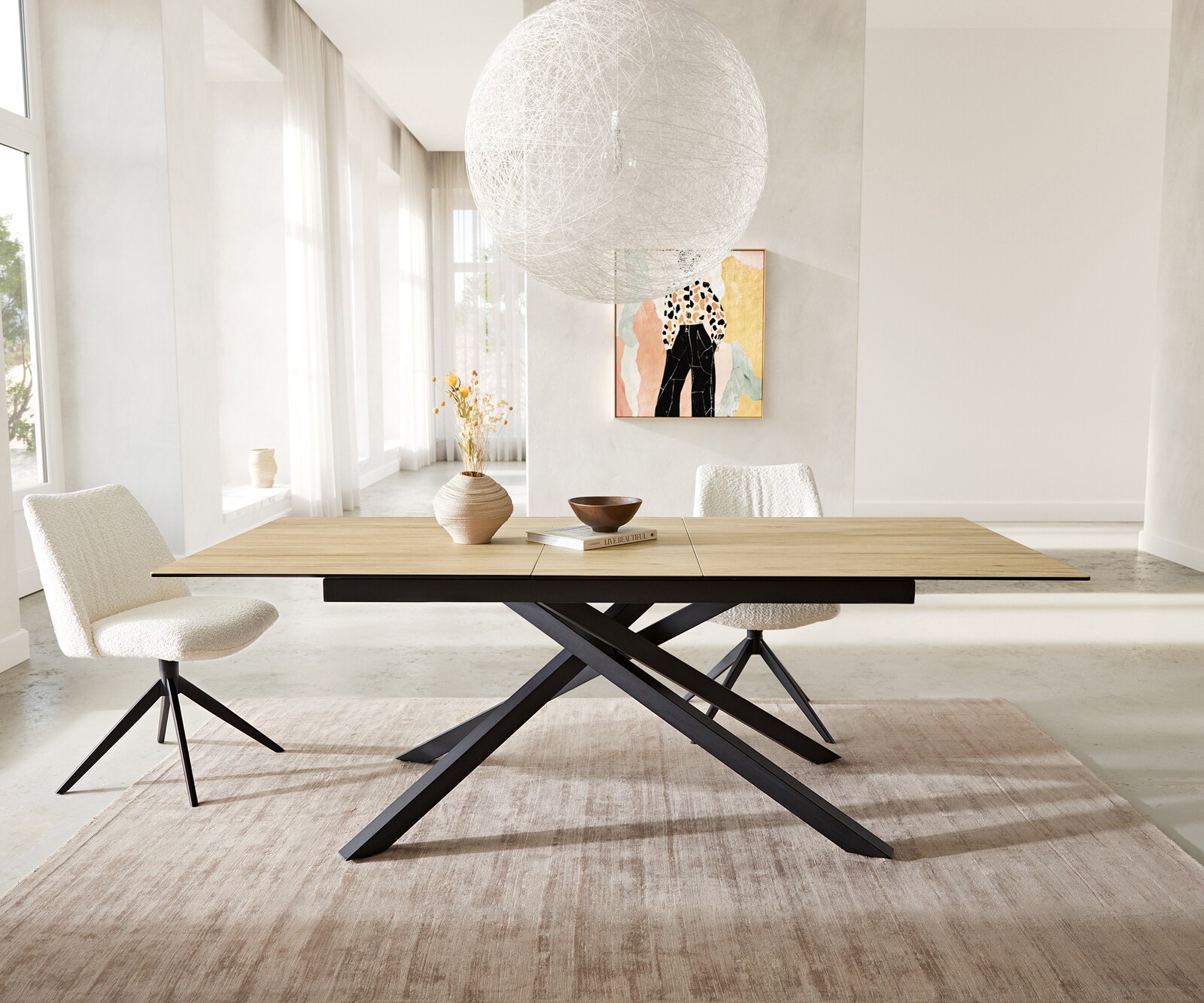 Eetkamertafel Edge 180-220x100 keramiek Laminam® Sabbia eiken kleur kruisframe rechthoek zwart uitschuifbaar 1