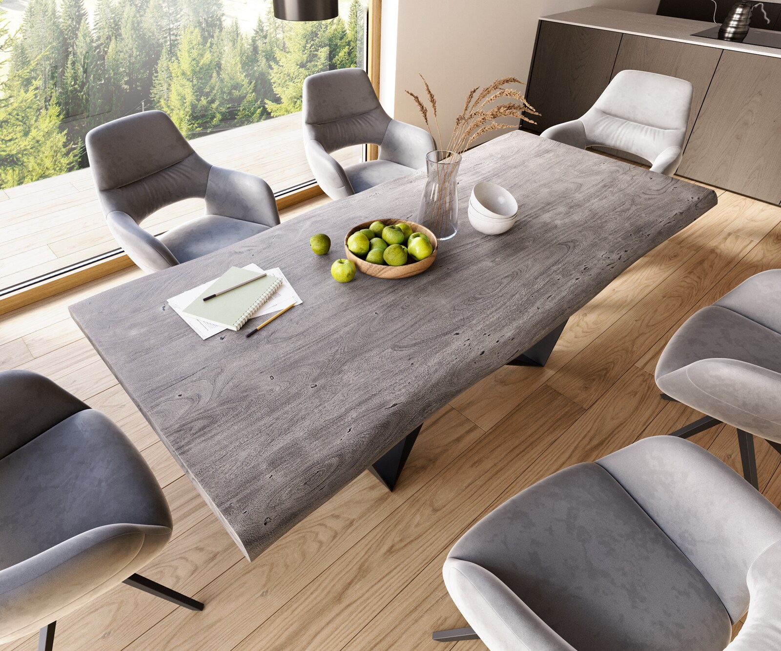 Eettafel Edge 220x100 XL acacia platina  Spider staal  zwart  Live-Edge 3