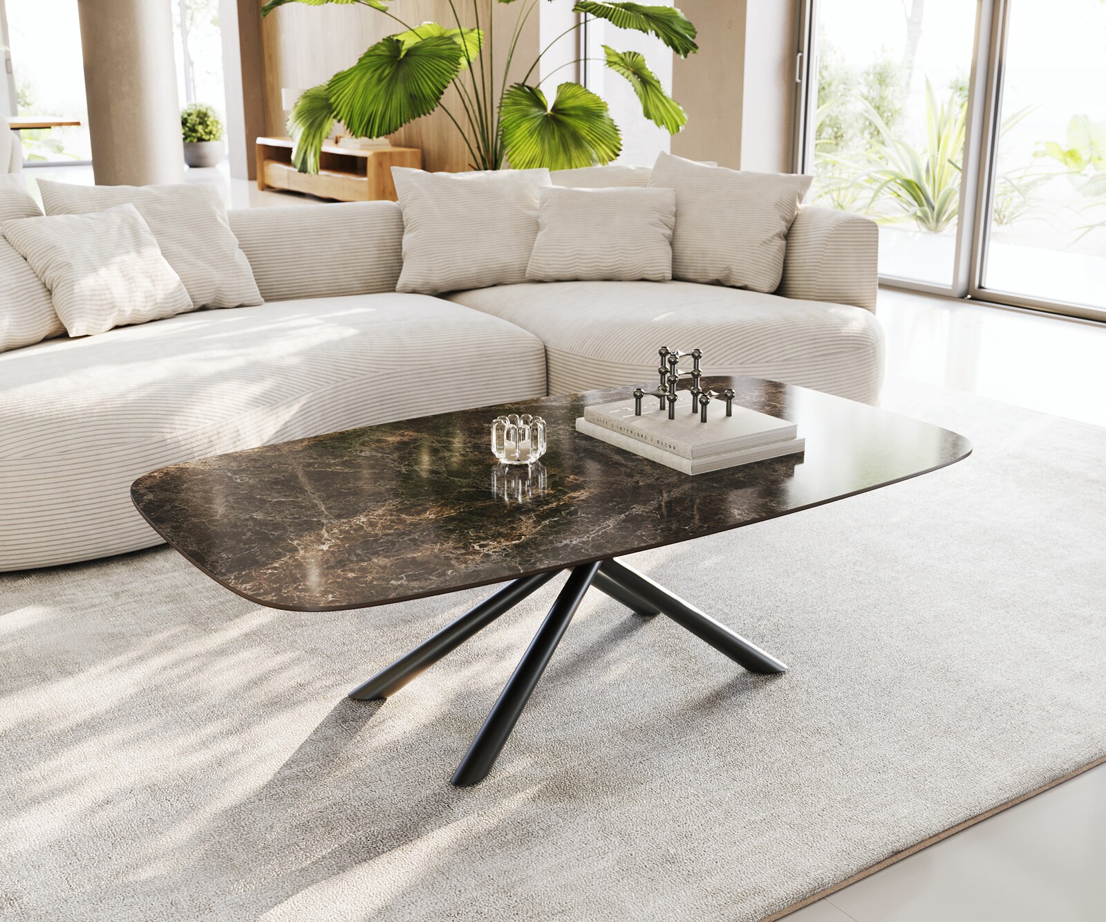 Salontafel Edge bootvorm 140x80 cm keramiek Emperador Extra Lucidato donkerbruin Sarity metaal zwart