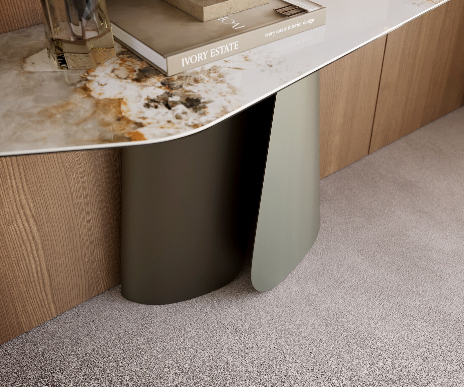 Consoletafel Edge Polygonaal 180x50 cm Keramiek Minas Melange Weiß-Beige Livos Metaal Effektfinish Titan 6