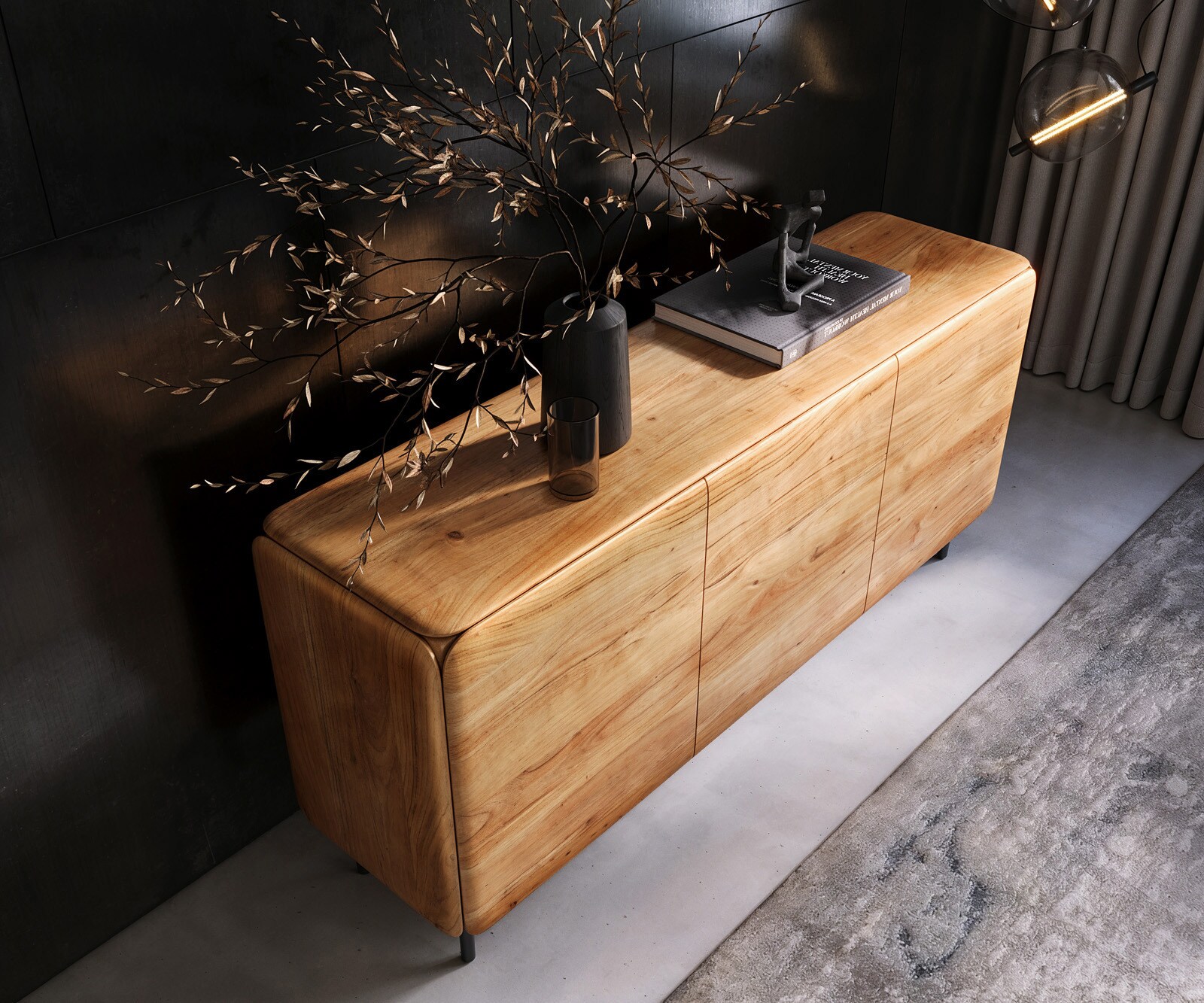 Dressoir Shavani 175 cm acacia natuur 2 deuren 3 lades Ronde voet Metaal Zwart 3
