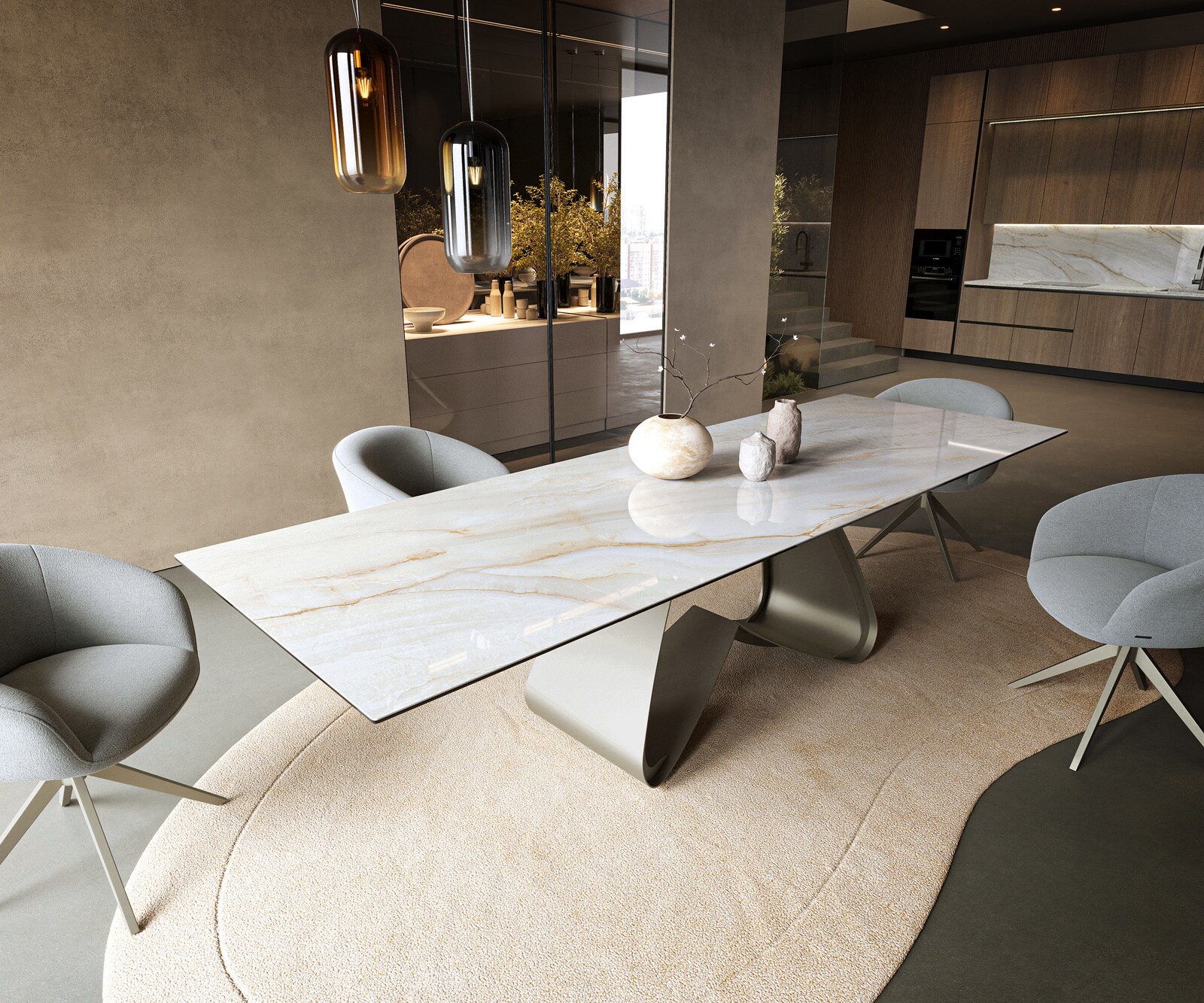 Eettafel Edge 300x100 cm keramiek Onyx Pearl W-onderstel metaal effectfinish titan