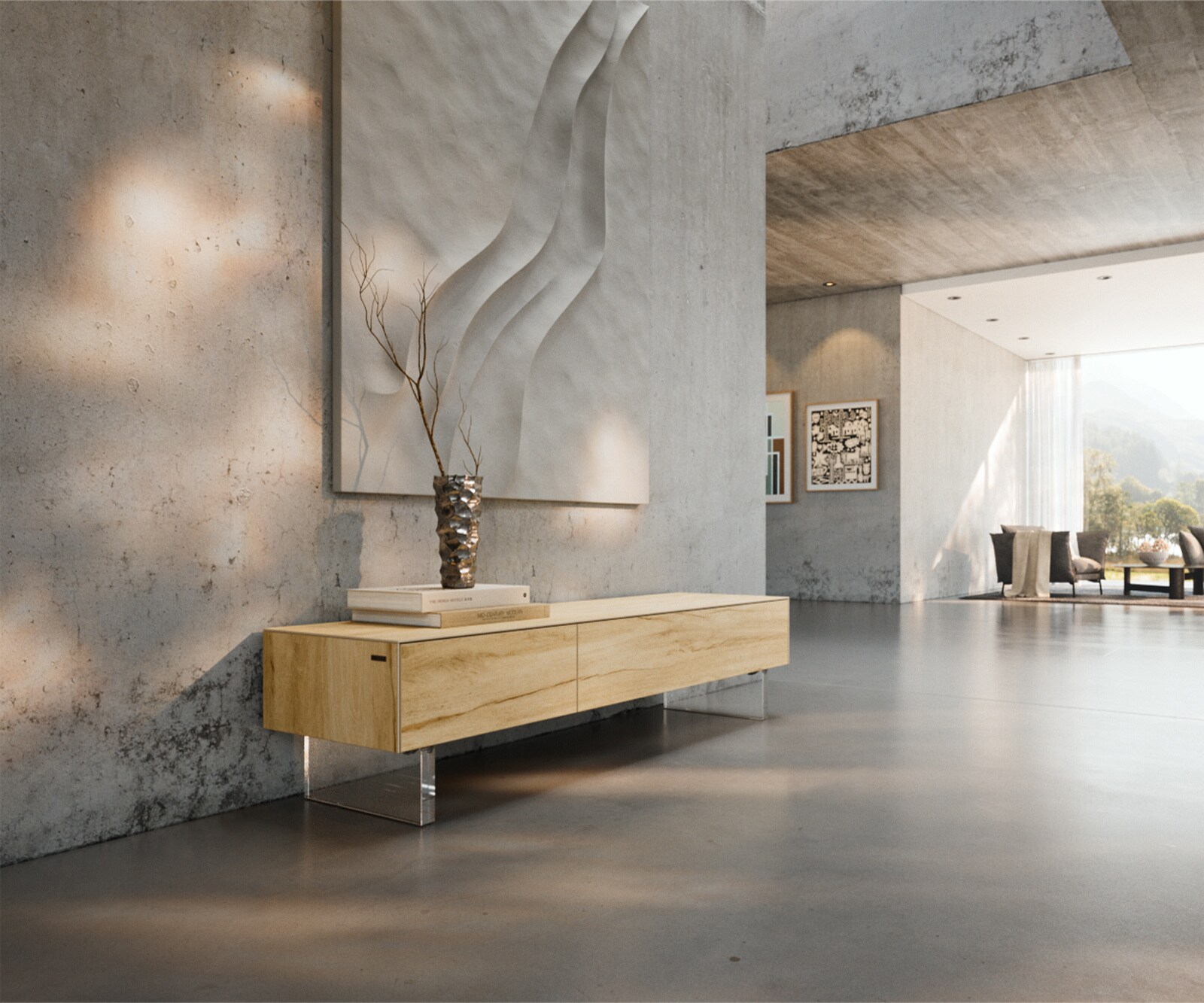 Tv-meubel Cuor 150 cm Keramiek Laminam® Sabbia Eiken gekleurd 1 Flap 1 Lade Zwevende voet look Acrylglas