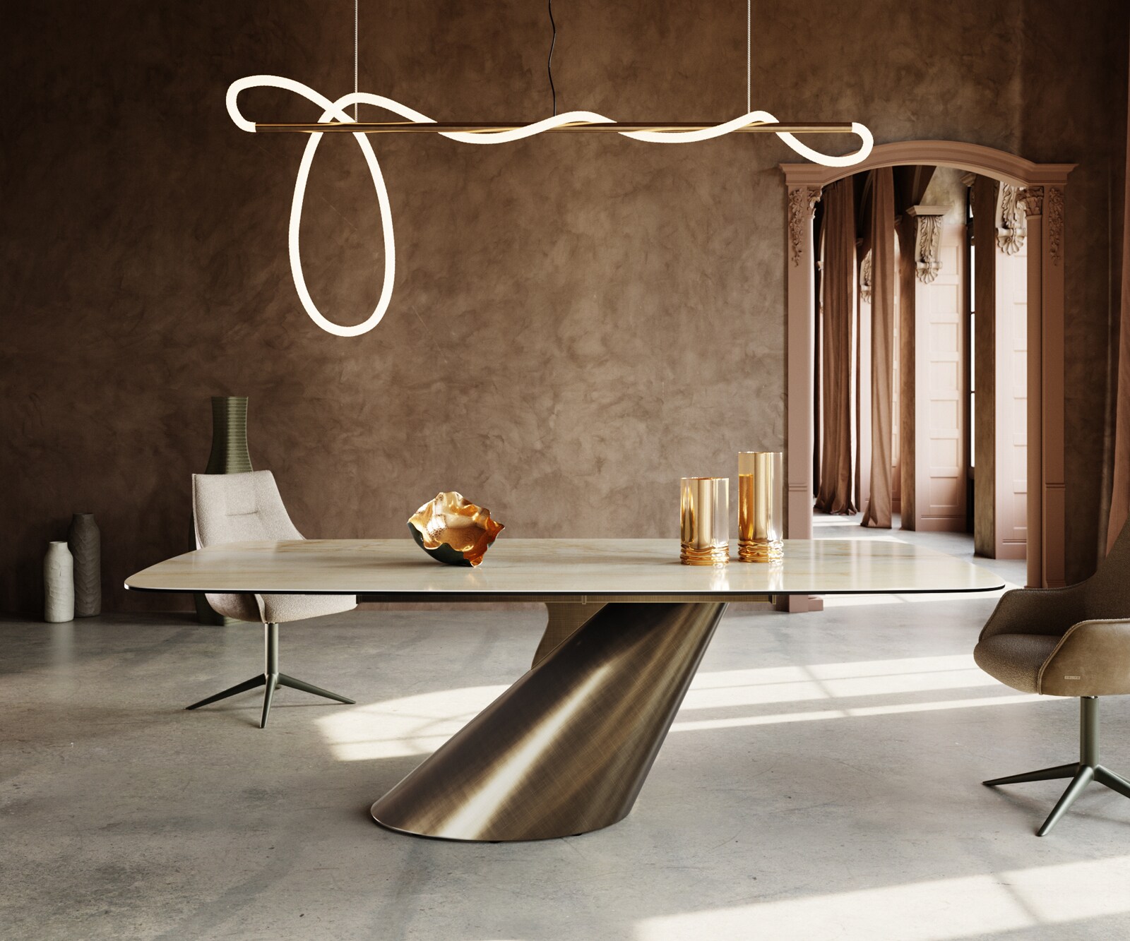Eettafel Edge Boot 240x120 keramiek  Iris FMG Onice Oro Cono metaal goud 1