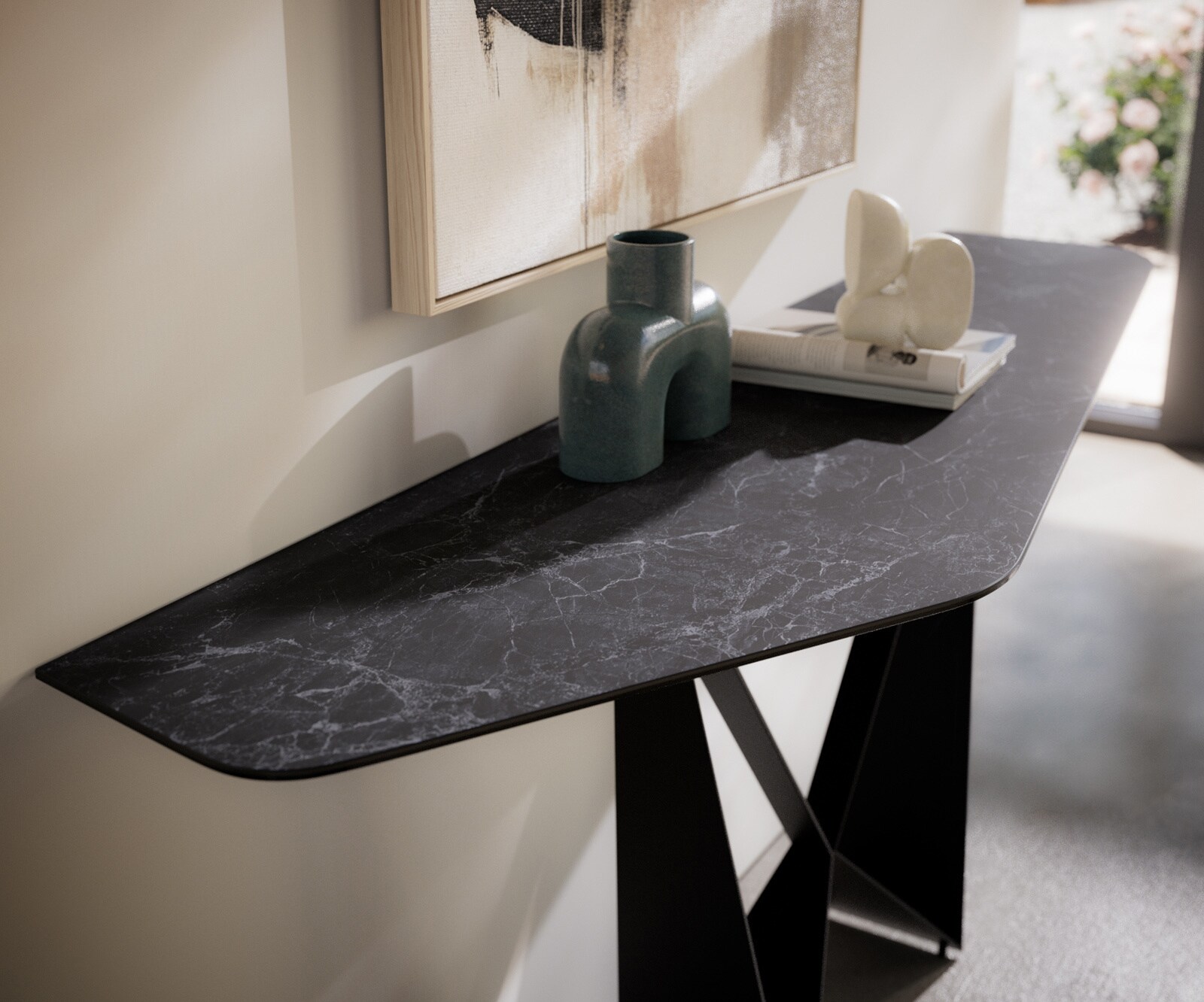 Consoletafel Edge Polygonaal 180x50 cm Keramiek Laminam® Nero Greco Anthrazit Spios Metaal Zwart 4