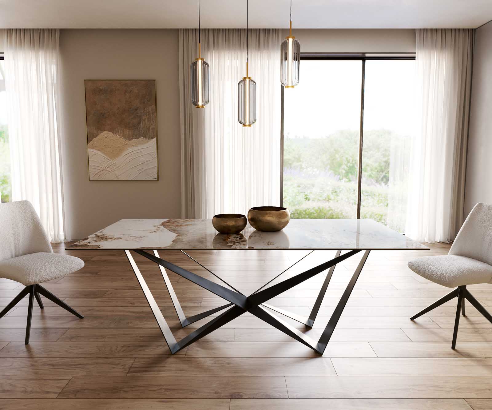 Eetkamertafel Edge 200x100 keramiek Minas Melange wit-beige spider vlak staal zwart 2