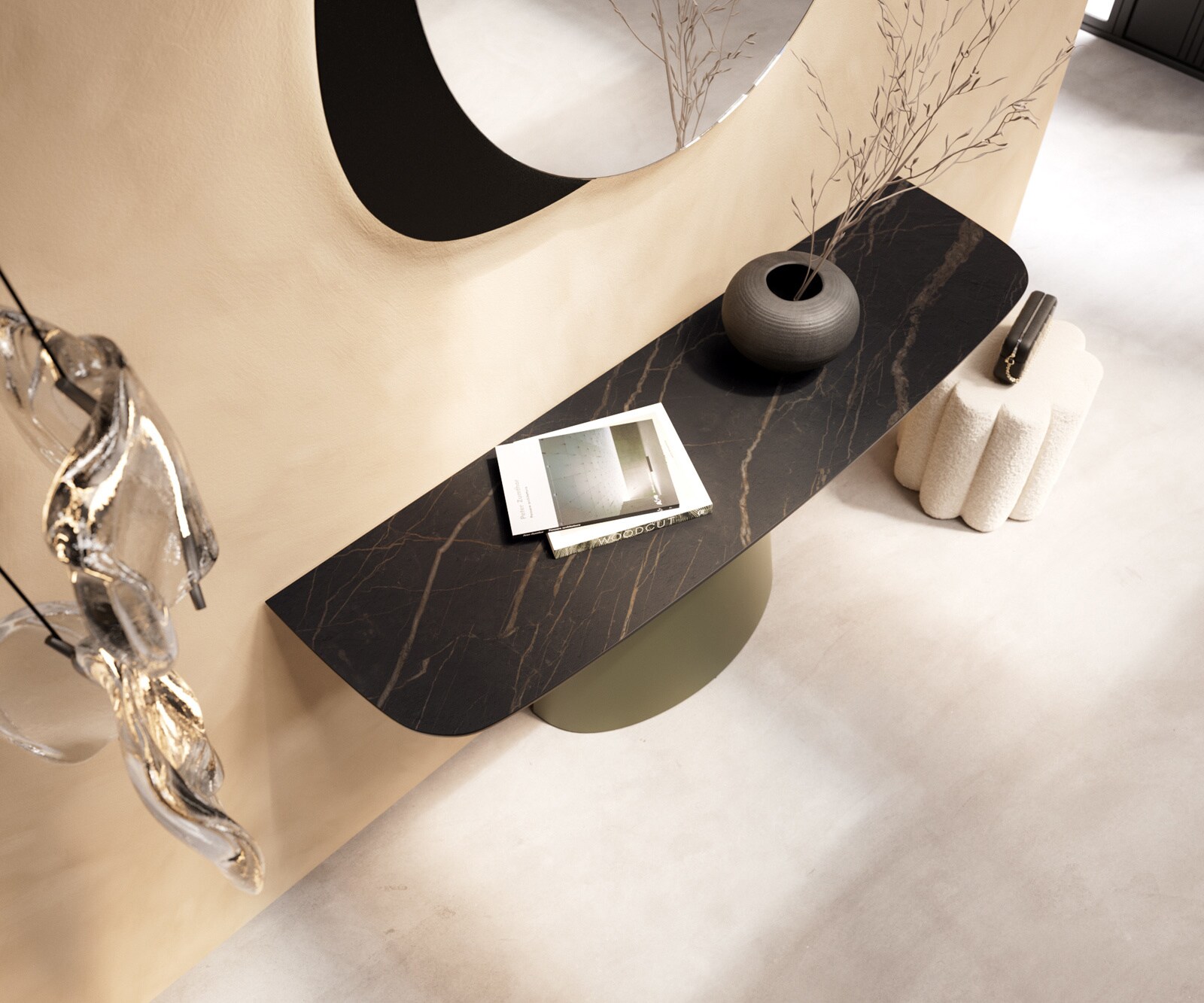 Consoletafel Edge Bootvorm 140x40 cm Keramiek Laminam® Noir Desir Braun Conos Metaal Effektfinish Titan 4