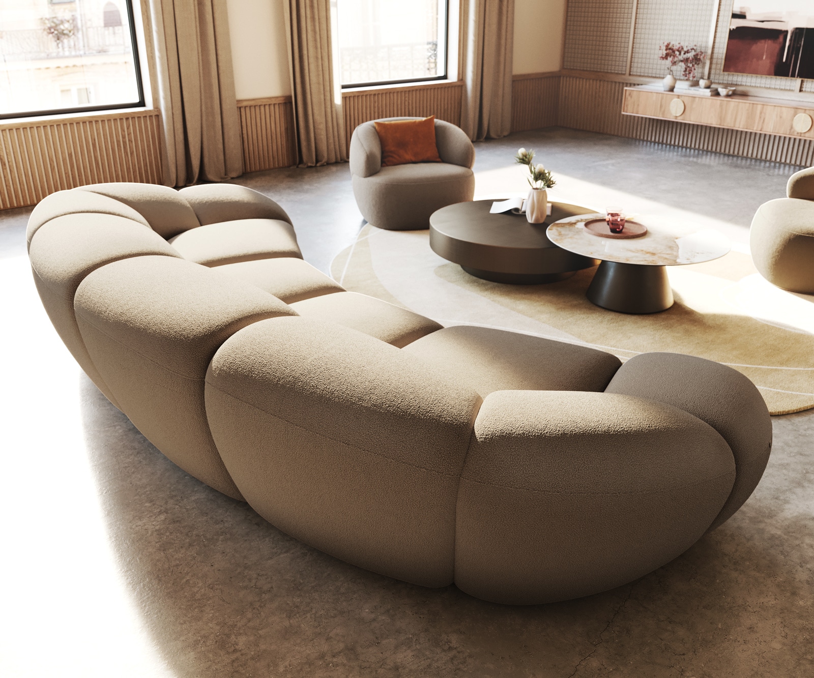 Grote sofa Lunna 360x175 cm Bouclé natuur 2 kussens 5 Grote sofa Lunna 360x175 cm Bouclé natuur 2 kussens 5