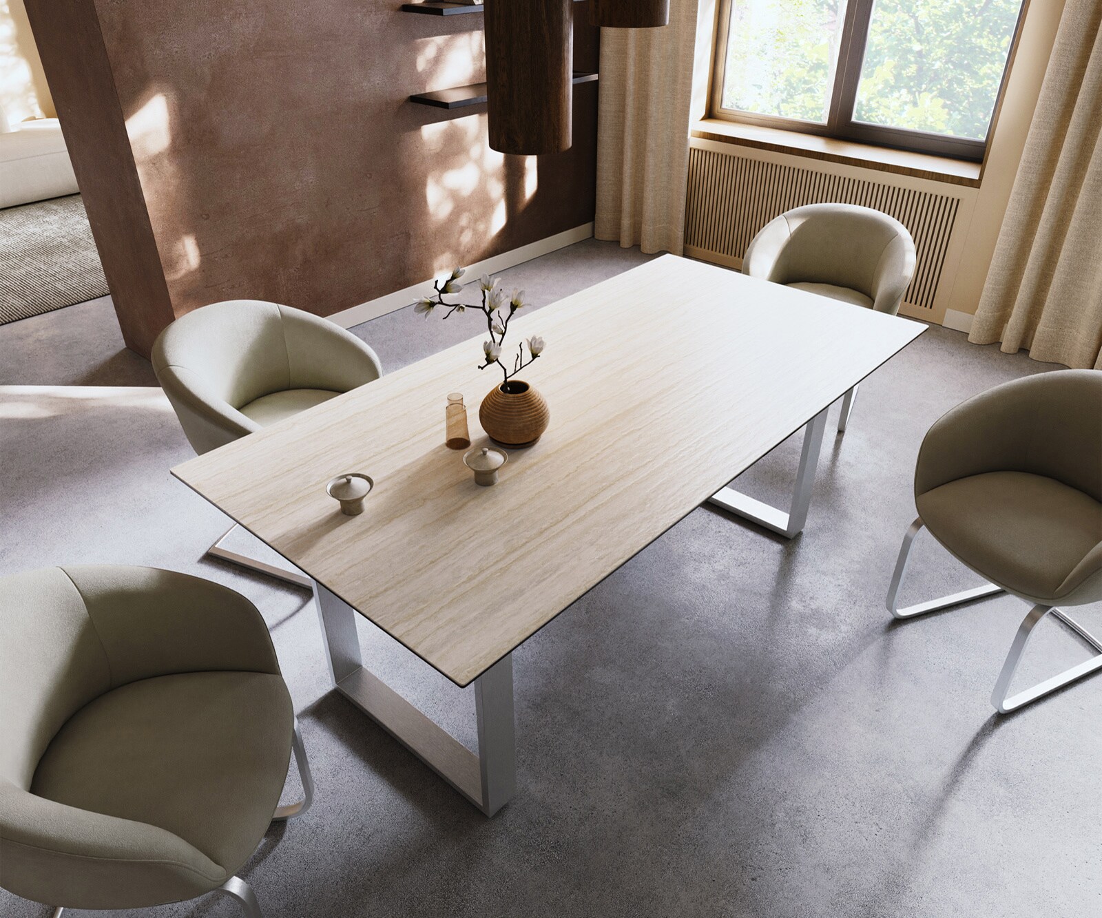 Eettafel Edge 200x100 keramiek  Laminam® Travertino Bianco Creme-wit RVS Schmal 4