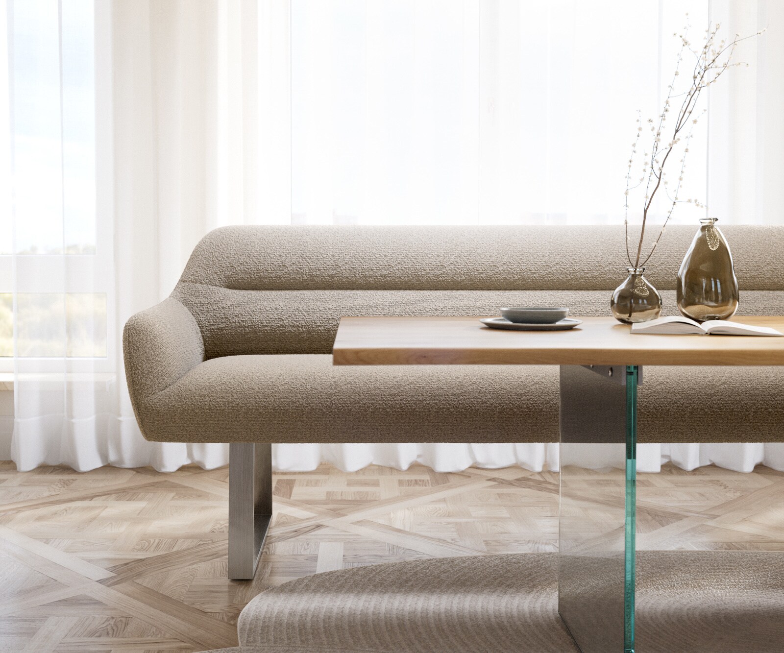 Eetkamerbank Taya-Flex 200 cm bouclé mud gekant sledeframe roestvrij staal pocketvering 2