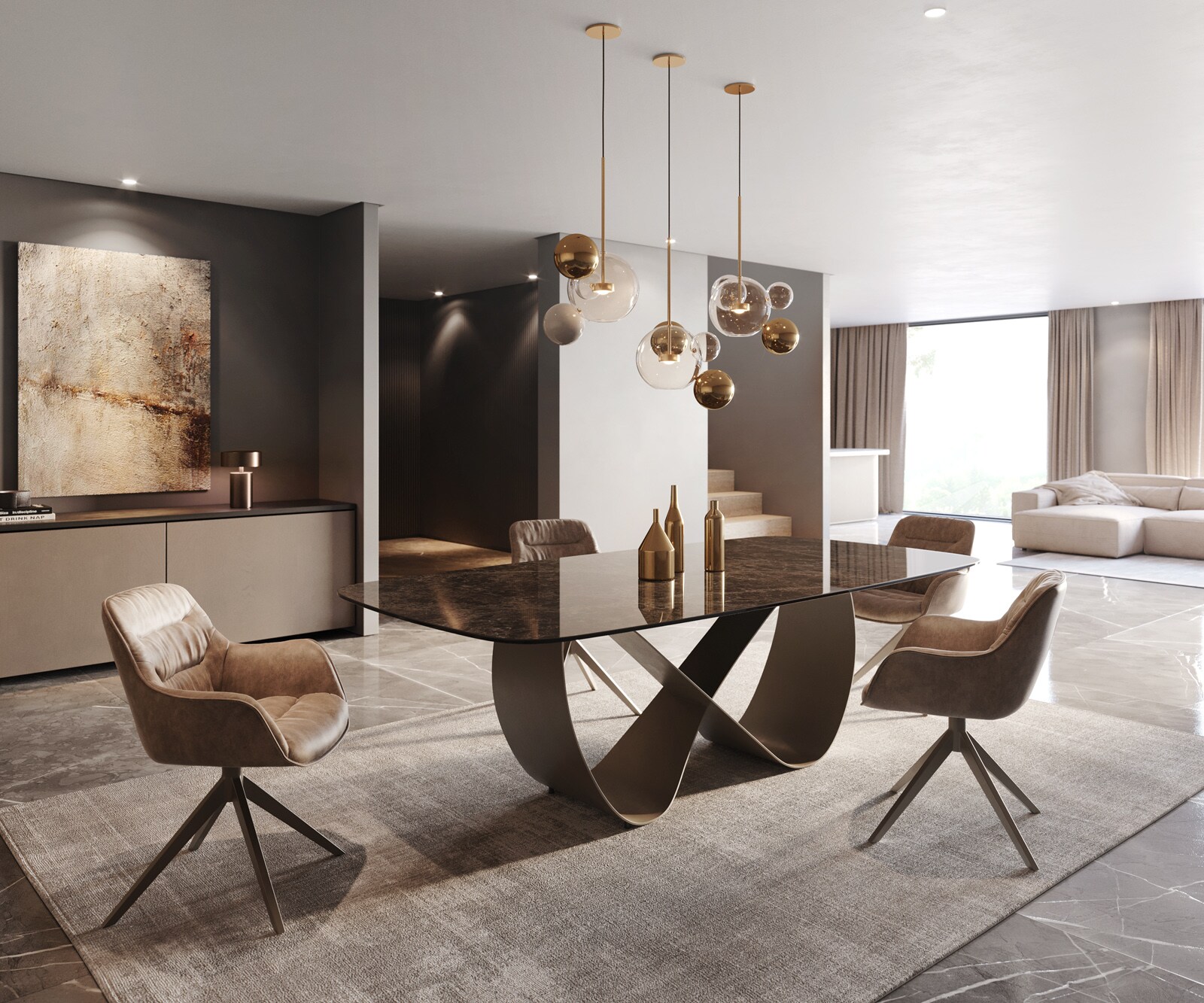 Eettafel Edge Boot Keramiek Emperador Extra Lucidato Donkerbruin 240x120 Infinity Metaal effectafwerking Titanium 5
