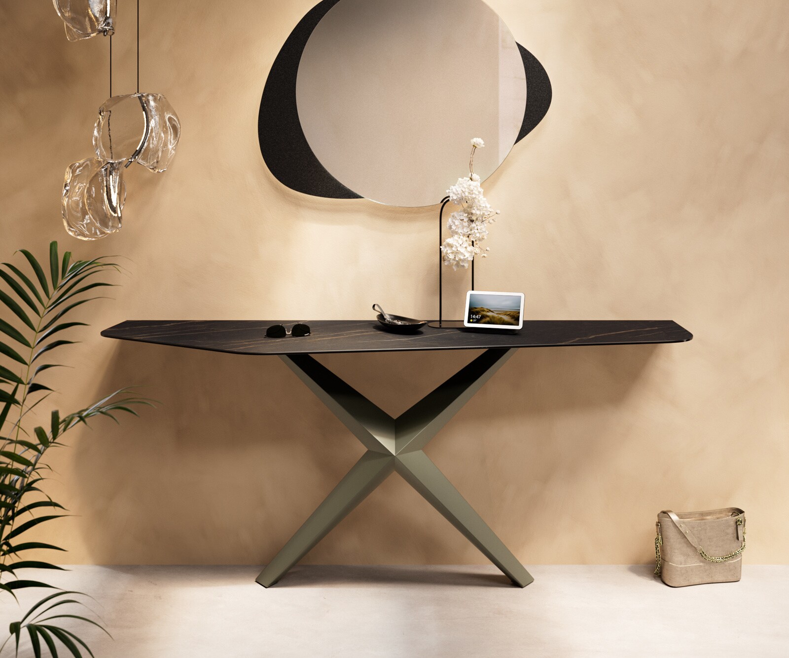 Consoletafel Edge Polygonaal 180x50 cm Keramiek Laminam® Noir Desir Braun Zentharo Metaal Effektfinish Titan 4