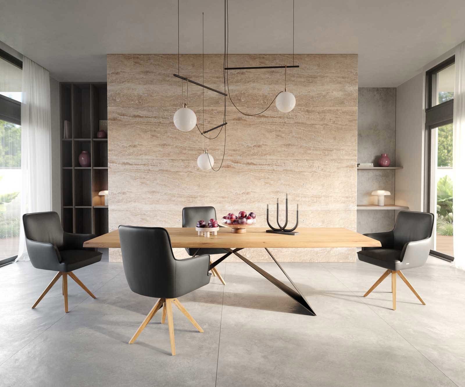 Draaistoel Heira-Flex met armleuning echt leer zwart houten frame hoekig natuur 180° draaibaar pocketveer kern 5