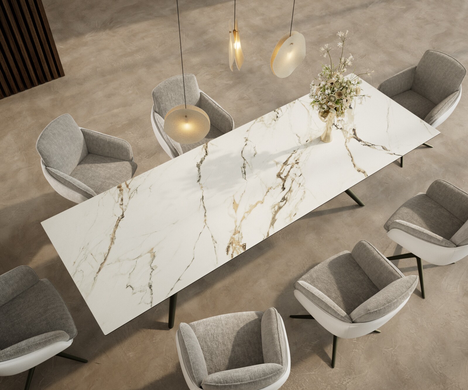 Eetkamertafel Edge 300x100 keramiek Calacatta Luxe wit-Gold-grijs Estelar rond  metaal effectafwerking titaan 3