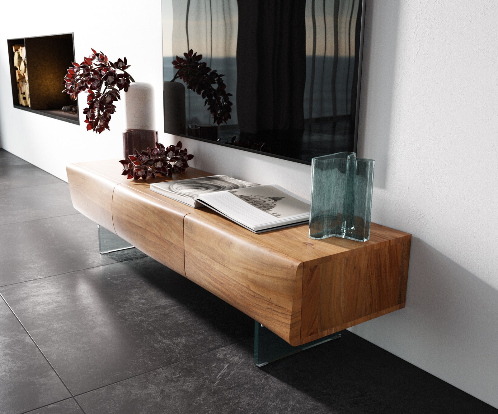 TV-meubel New Live-Edge 145 cm Akazie natuur 3 deuren glazen poot 1