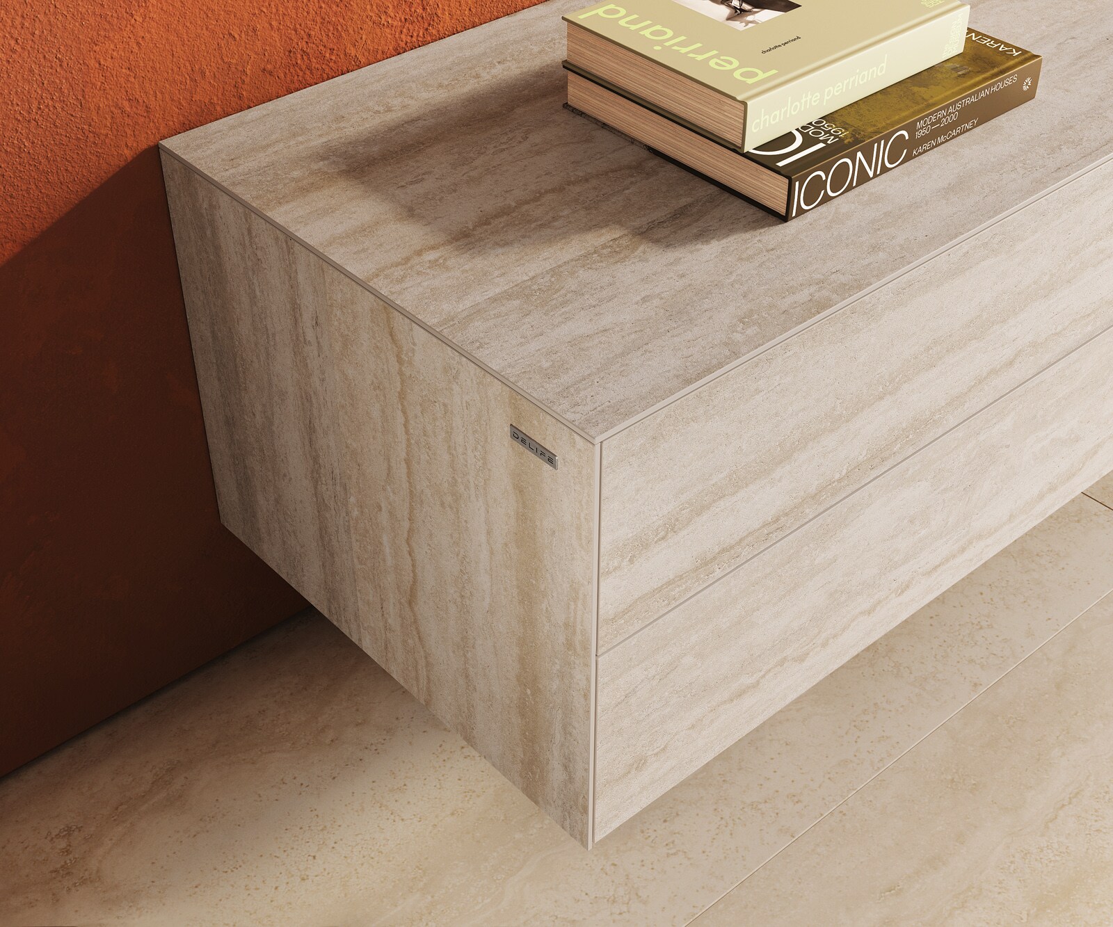 Tv-meubel Cuor 180 cm Keramiek Laminam® Travertino Bianco Crème-wit 1 Flap 2 Laden Zwevend 5