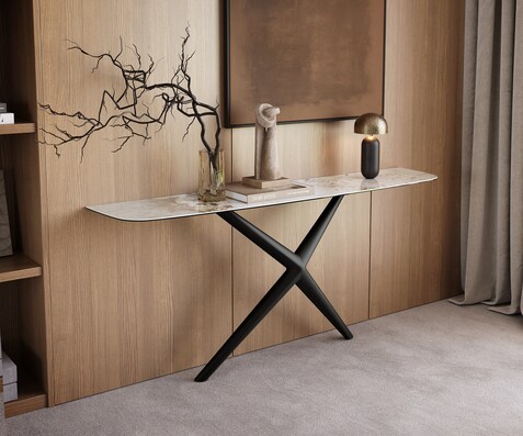 Consoletafel Edge Bootvorm 180x40 cm Keramiek Minas Melange Weiß-Beige Estelo Metaal Zwart