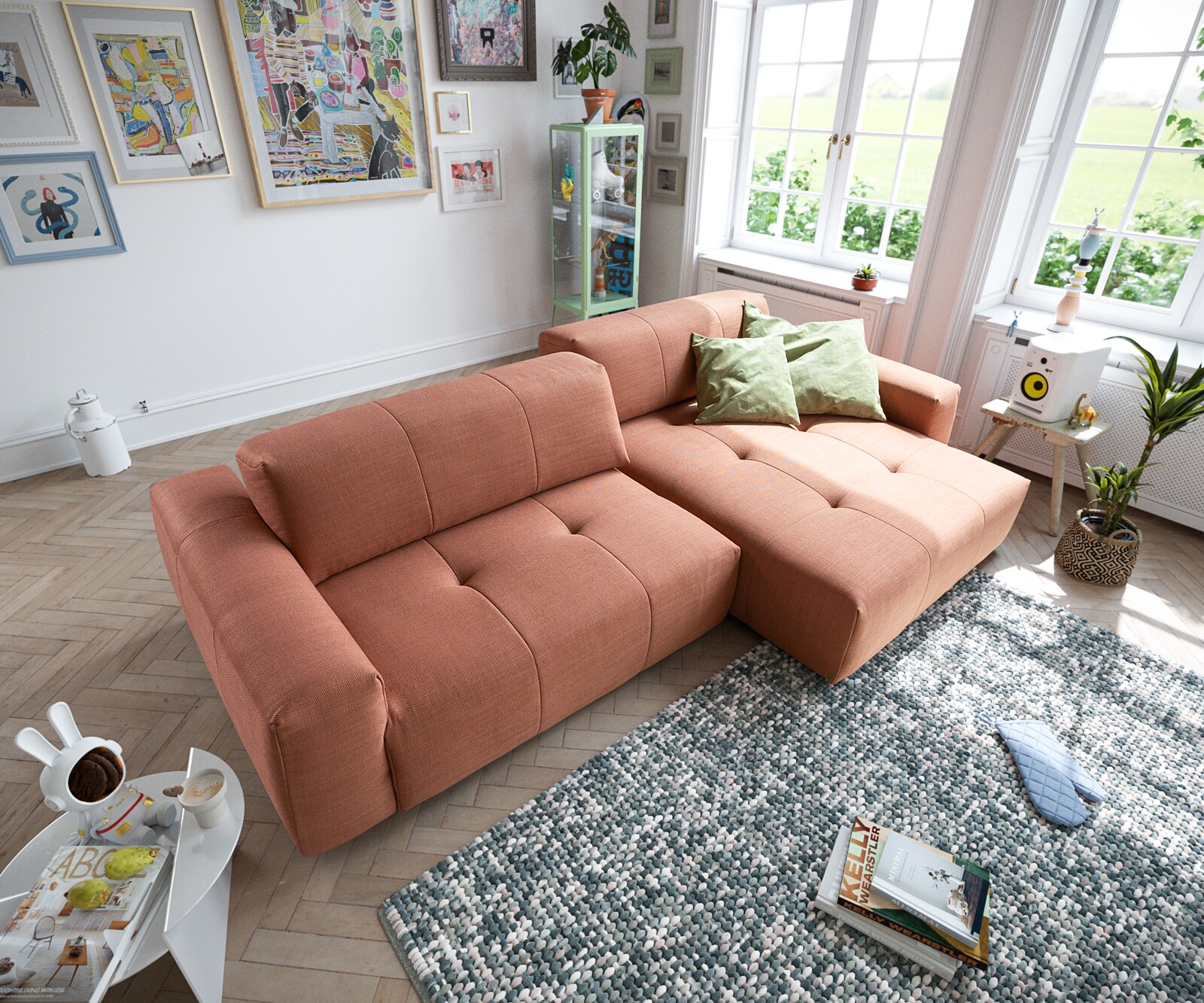 Hoekbank Lazaro 300x160 cm vlak geweven oranje ottoman rechts met zitdiepteverstelling 4