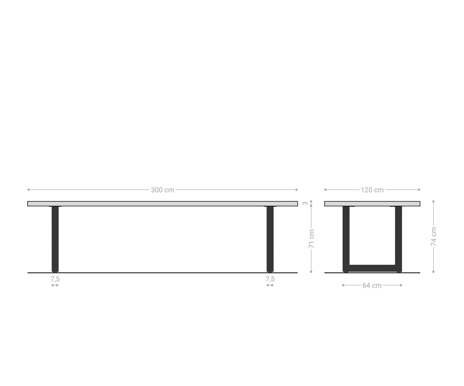 Eettafel Edge Boot 300x120x2,5-3 eiken natuur roestvrij staal  breed Schweizer Kante 7
