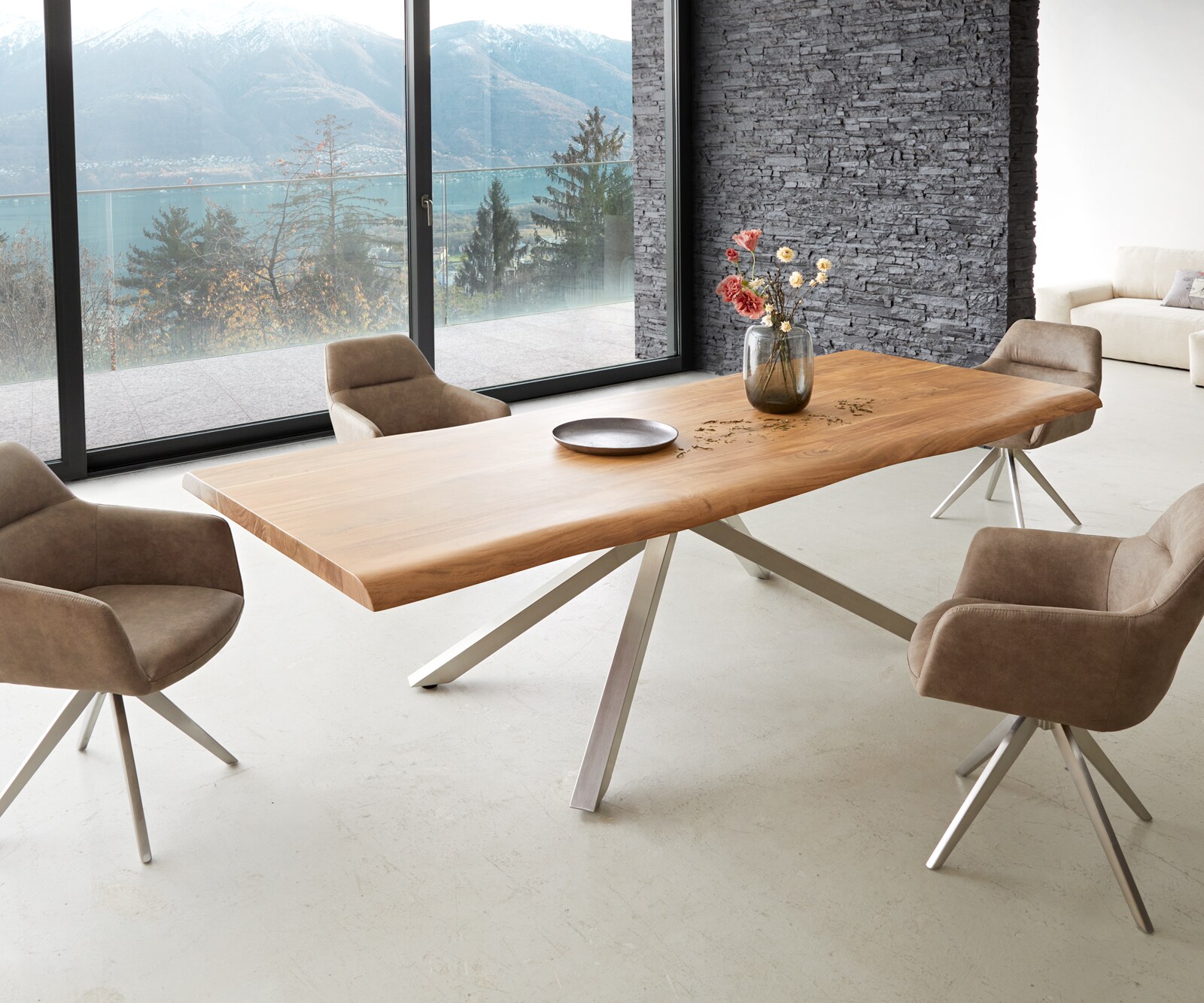 Eettafel Edge 260x100 XL acacia natuur kruisframe rechthoek roestvrij staal  Live-Edge 7