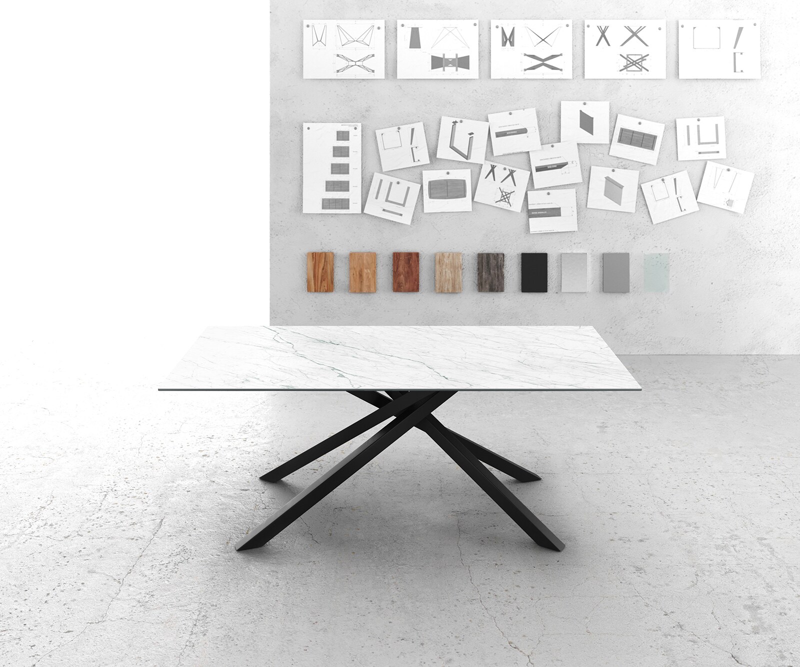 Eettafel Edge 200x100cm Laminam® keramiek wit middenpoot kruis zwart 2