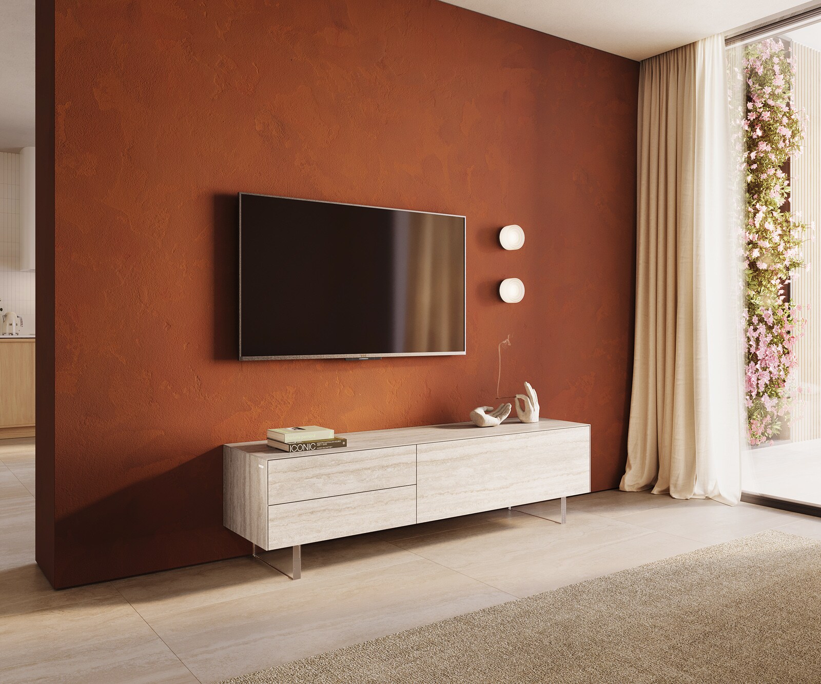 Tv-meubel Cuor 180 cm Keramiek Laminam® Travertino Bianco Crème-wit 1 Flap 2 Laden Zwevende voet look Acrylglas 1