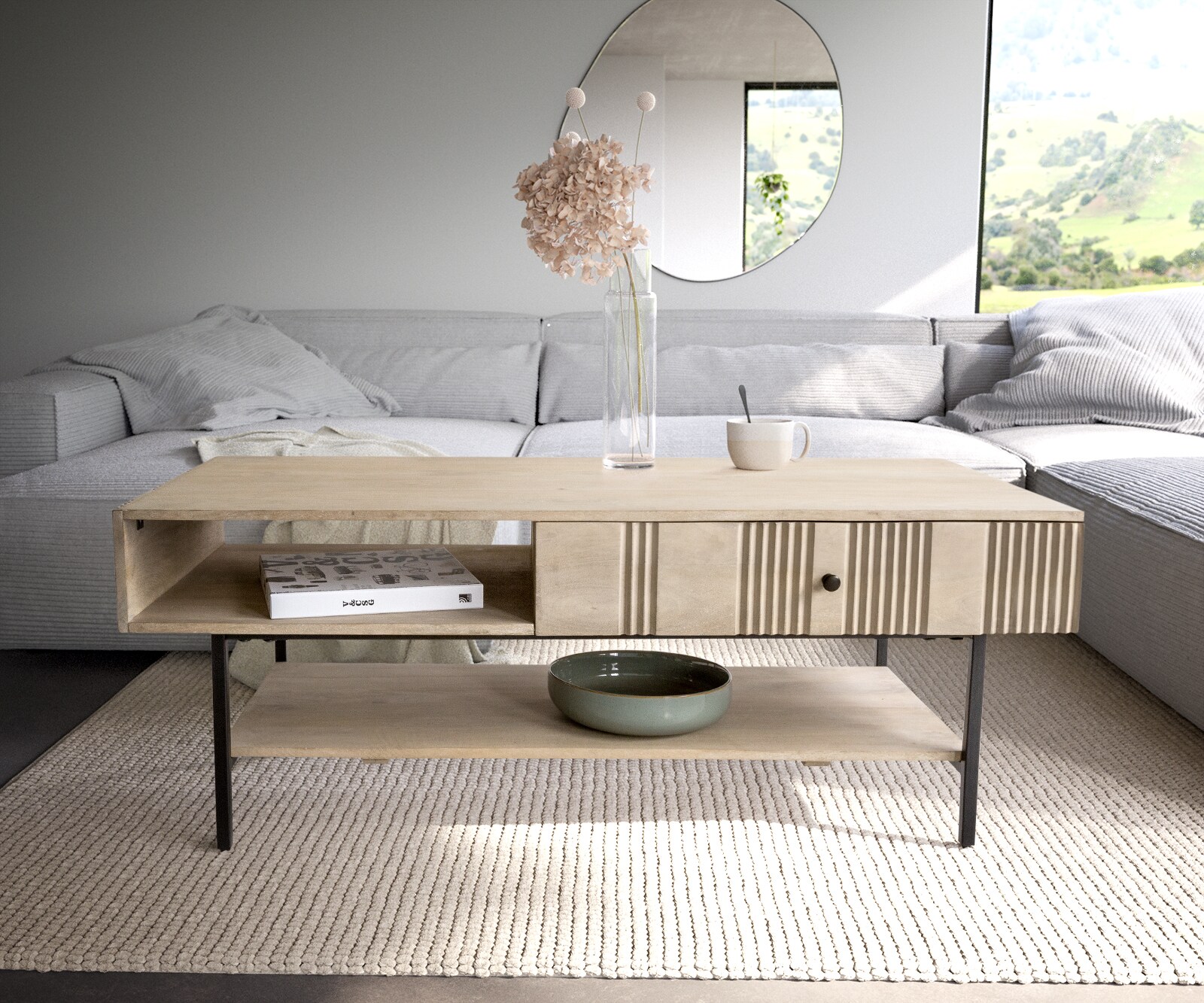 Salontafel Nereos 130x60 cm Mango White Wash metaal zwart 1 Salontafel Nereos 130x60 cm Mango White Wash metaal zwart 1