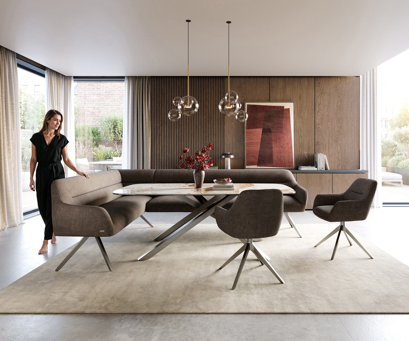 Eetkamerbank Taya-Flex 285x190 cm zachte stof met structuur taupe hoekig kruisframe roestvrij staal pocketvering rechts 2