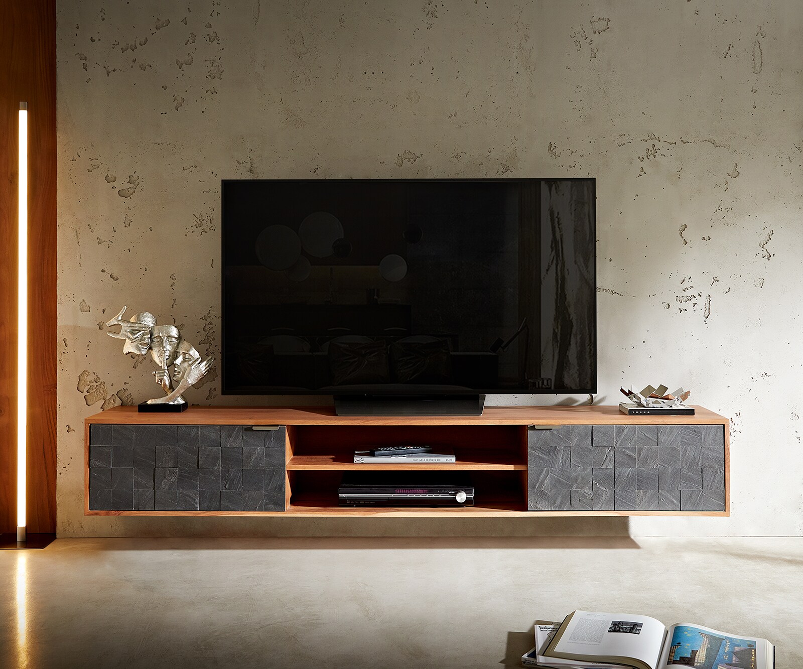 TV-meubel Teele 200 cm acacia natuur leisteen  2 Türen zwevend 1
