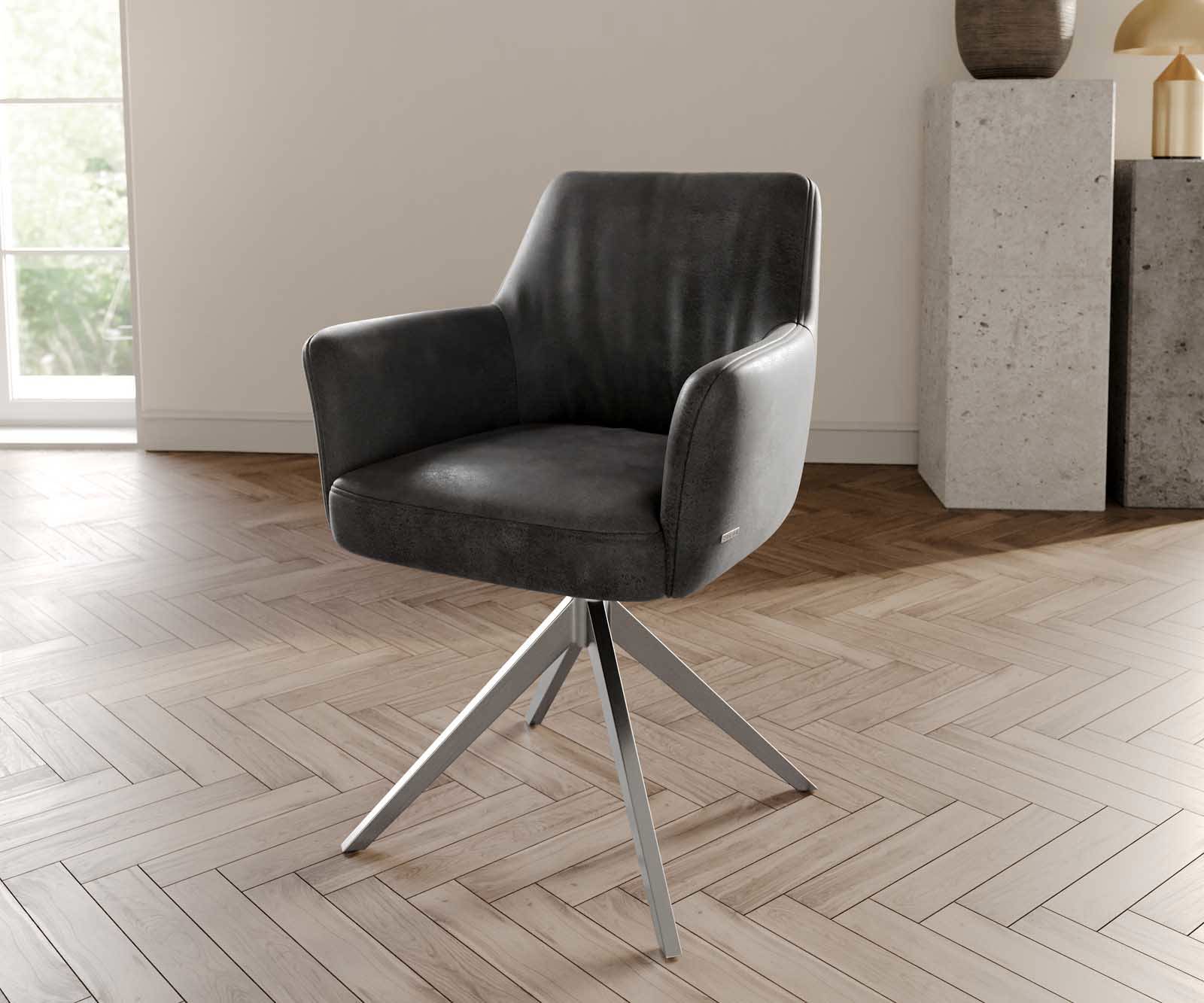 Draaistoel Xana-Flex met armleuning microvelours antraciet vintage kruisframe breed roestvrij staal 360° draaibaar pocketveer kern