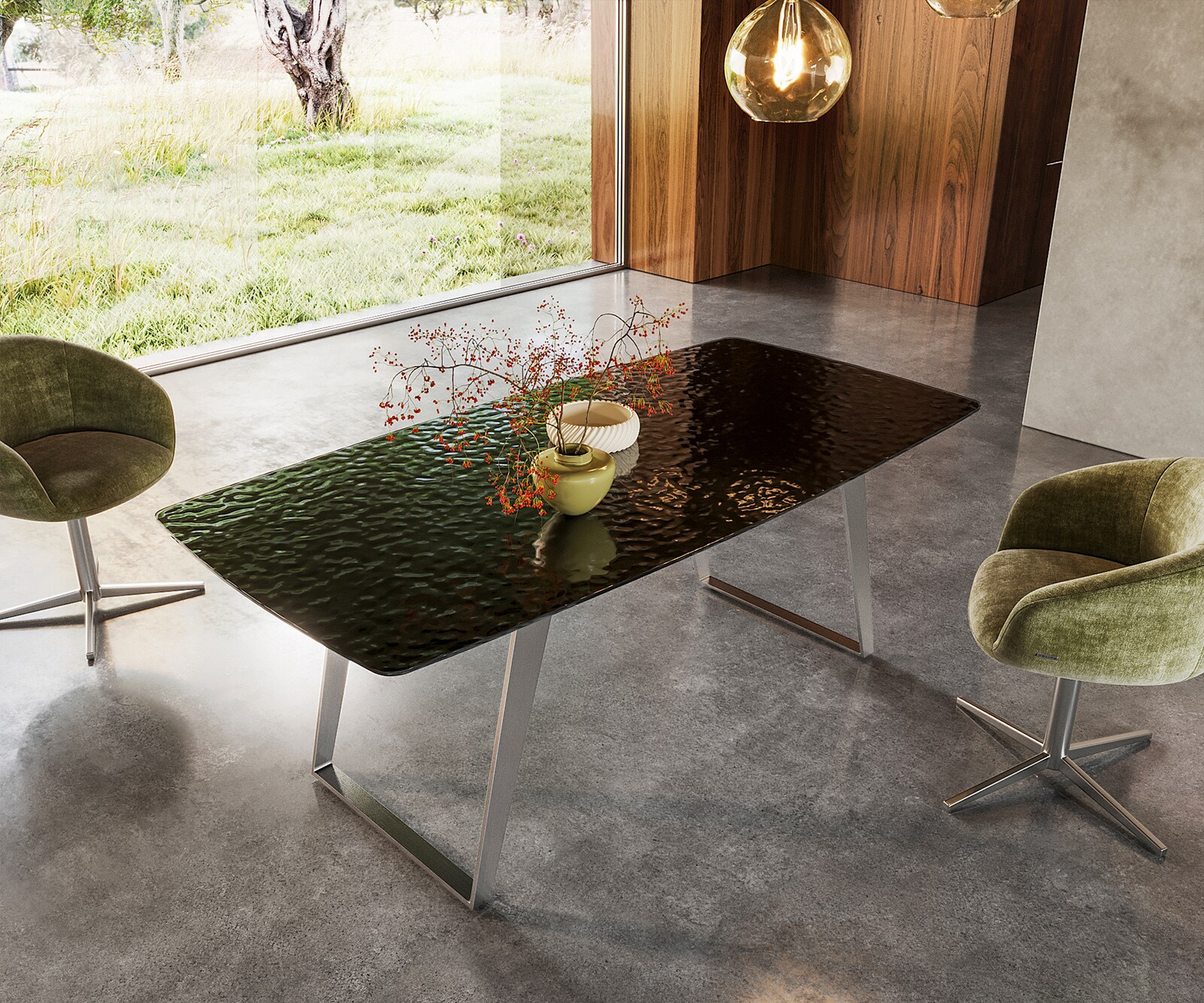 Eettafel Edge Boot 200x100 Reliefglas zwart 3D-Design RVS Schräg