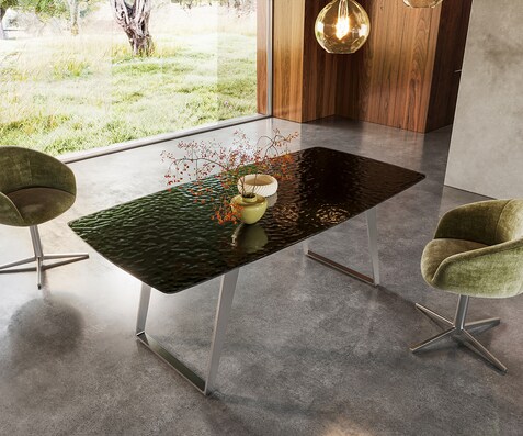 Eettafel Edge Boot 200x100 Reliefglas zwart 3D-Design RVS Schräg