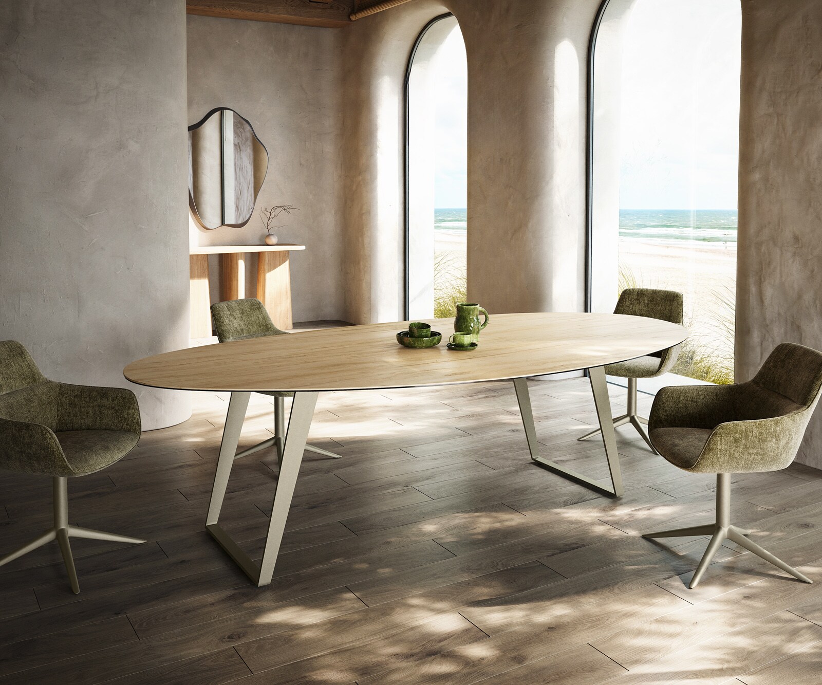 Eetkamertafel Edge Oval 280x130 cm Keramiek Laminam® Sabbia eikenkleurig Metaal Schuin Effectafwerking Titan