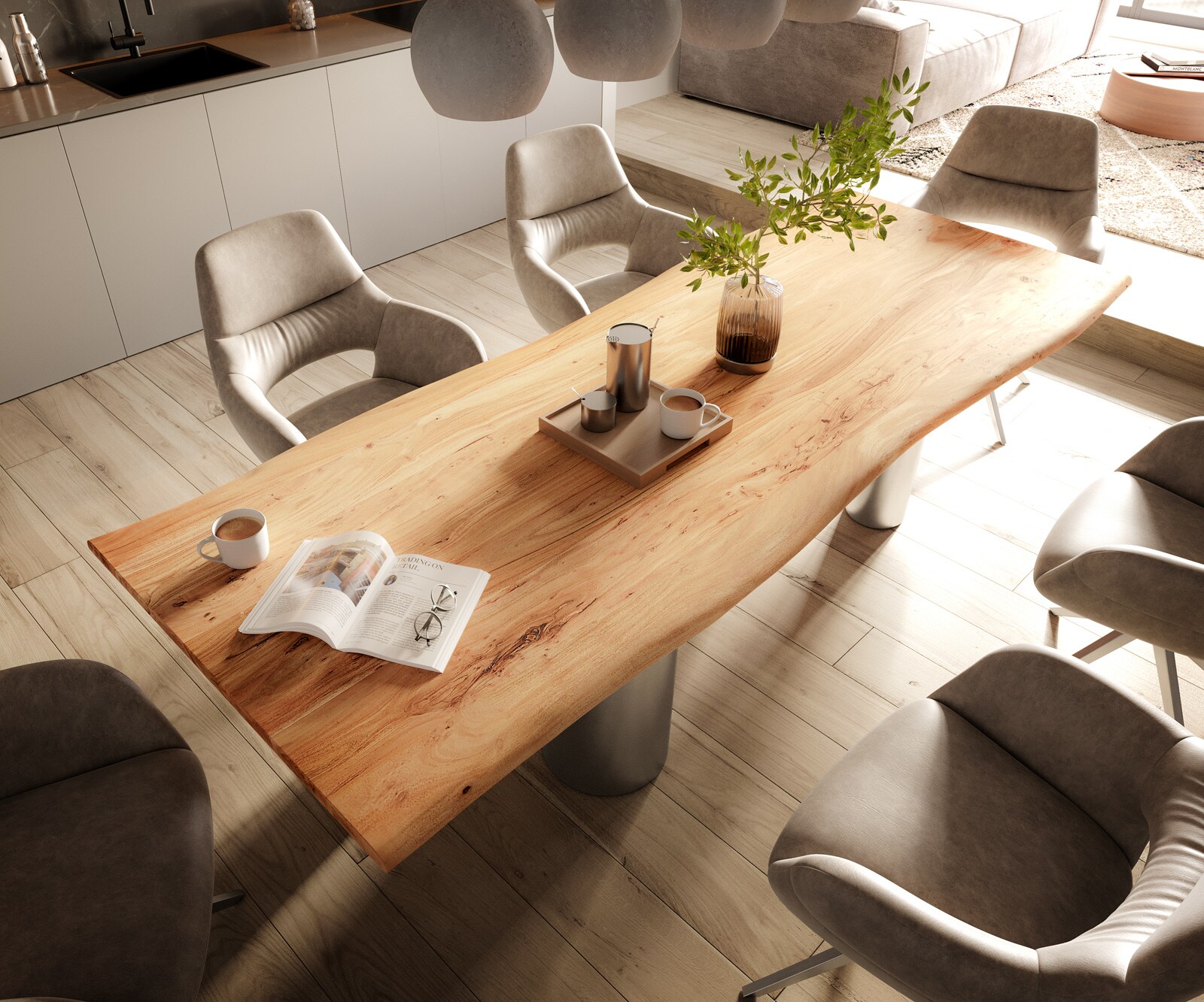 Eetkamertafel Edge 260x100 acacia natuurPilier roestvrij staal geborsteld Live-Edge 4