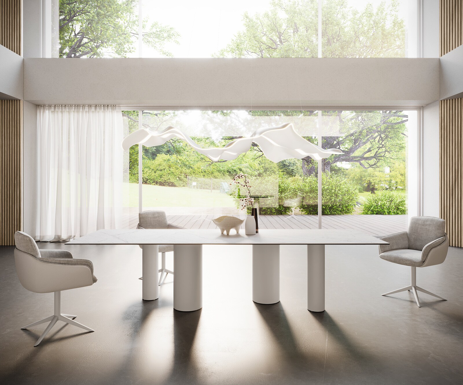 Eetkamertafel Edge 300x100 keramiek Laminam®Statuarietto wit Pilier metaal wit 3