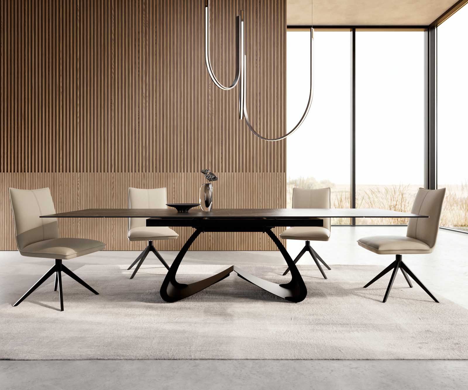 Eetkamertafel Edge 200-300x100 keramiek Laminam®Noir Desir bruin W-frame zwart uitschuifbaar 1