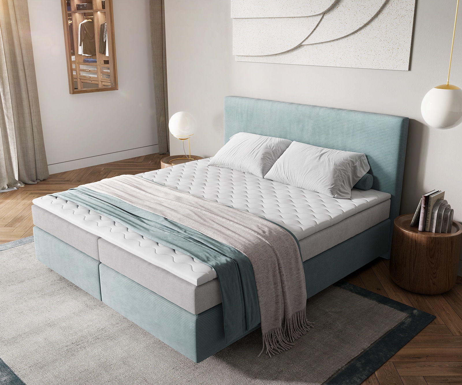 Boxspringbed Dream-Well 180x200 cm Cord Pastelblauw met Pocketveringmatras en Topper Visco 3 Boxspringbed Dream-Well 180x200 cm Cord Pastelblauw met Pocketveringmatras en Topper Visco 3