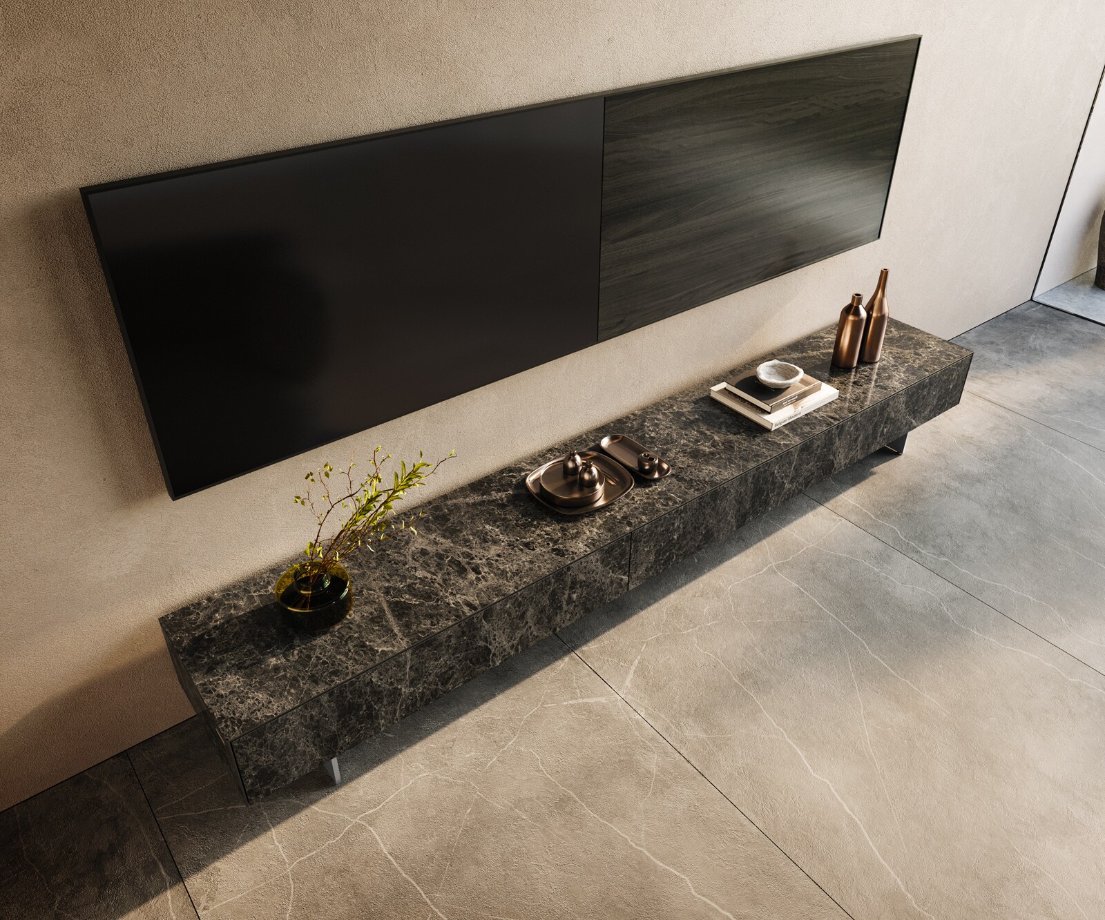Tv-meubel Cuor 250 cm Keramiek Emperador Extra Lucidato Donkerbruin 1 Flap 1 Lade Zwevende voet look Roestvrij staal 4