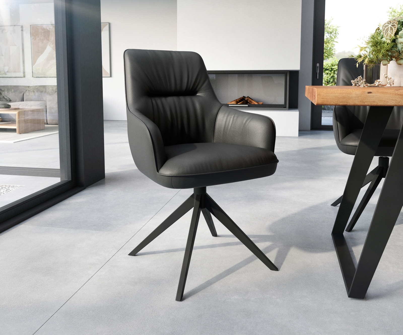 Eetkamerstoel Zelia-Flex met armleuning echt leer zwart kruisframe breed zwart pocketveer kern Eetkamerstoel Zelia-Flex met armleuning echt leer zwart kruisframe breed zwart pocketveer kern