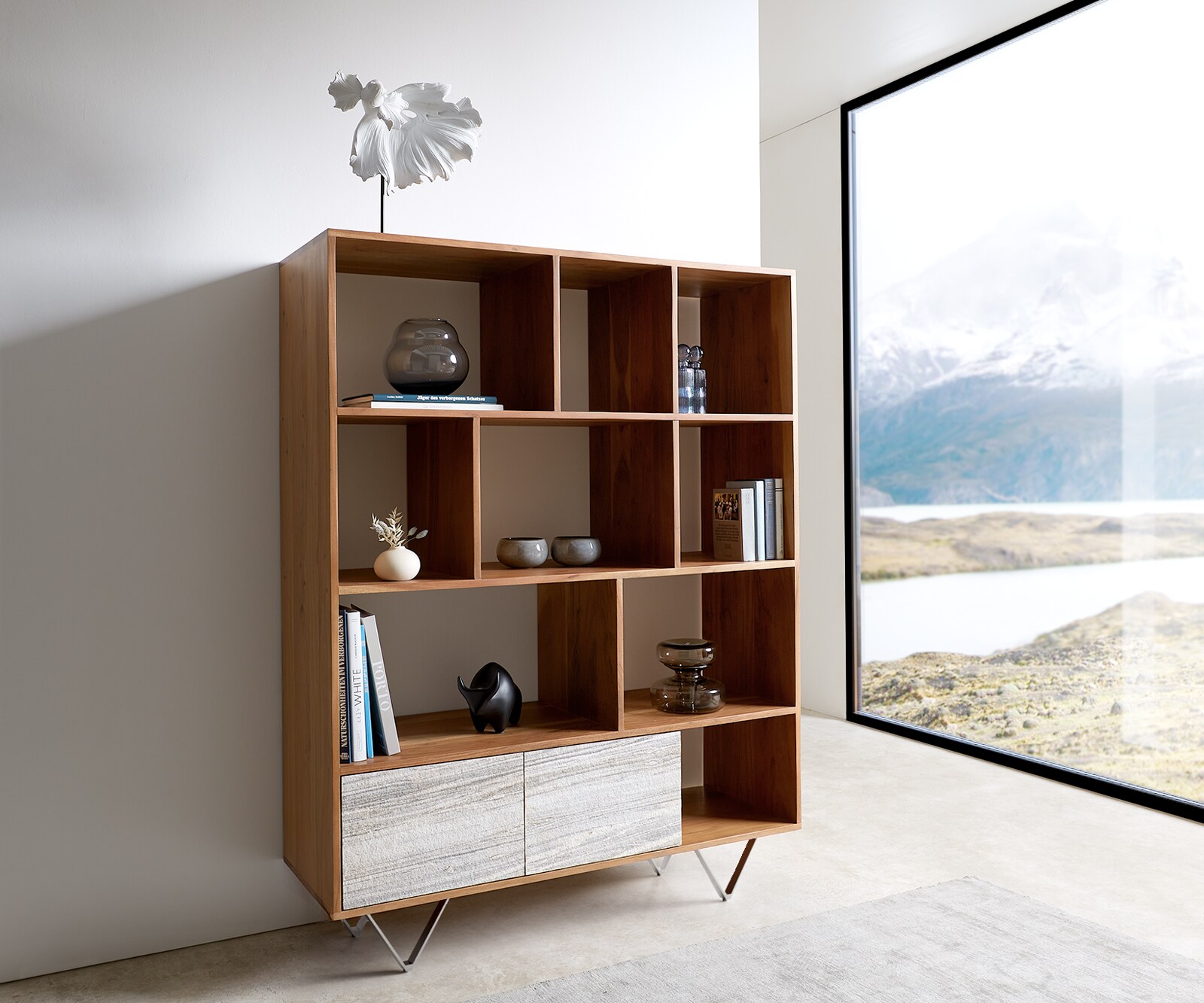 Highboard Kleo 115x150 cm natuur acacia 2 deuren V-poot roestvrij staal