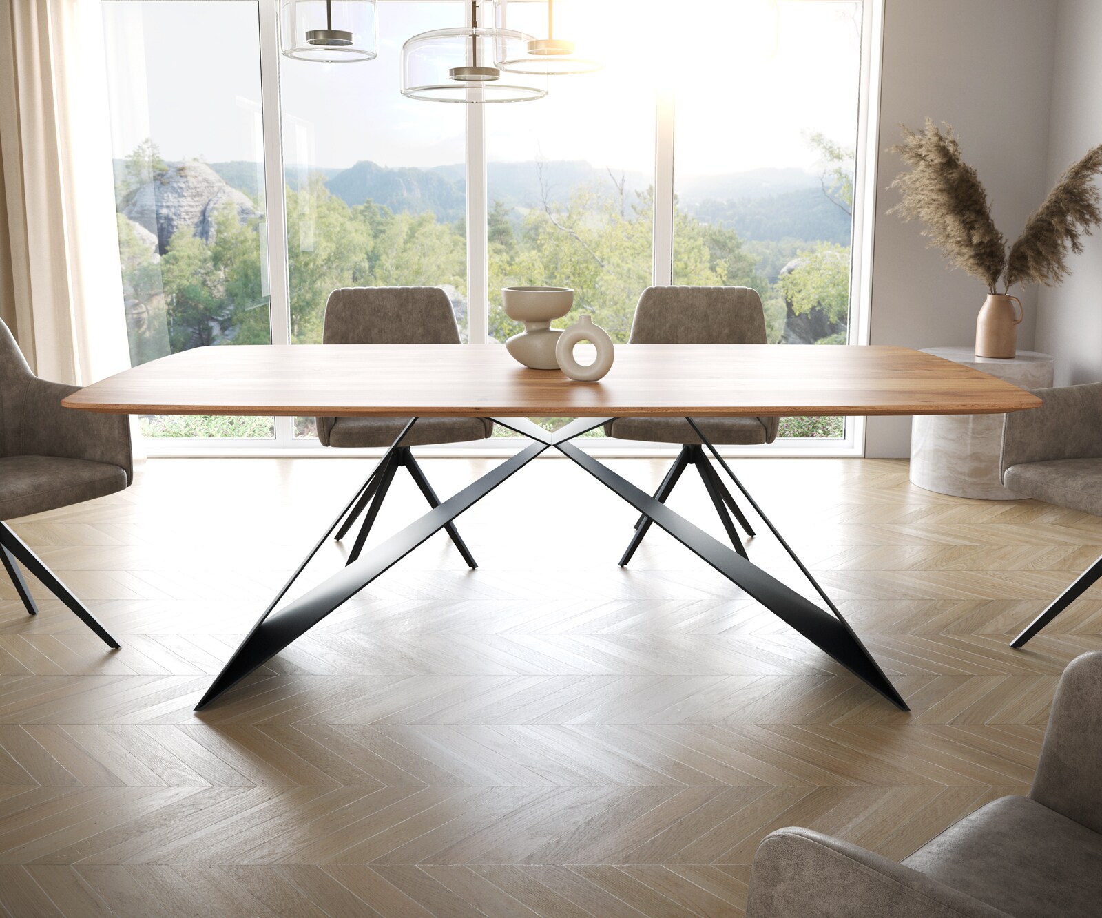 Eettafel Edge Boot 200x100 acacia natuur V-frame staal  zwart  Schweizer Kante 1