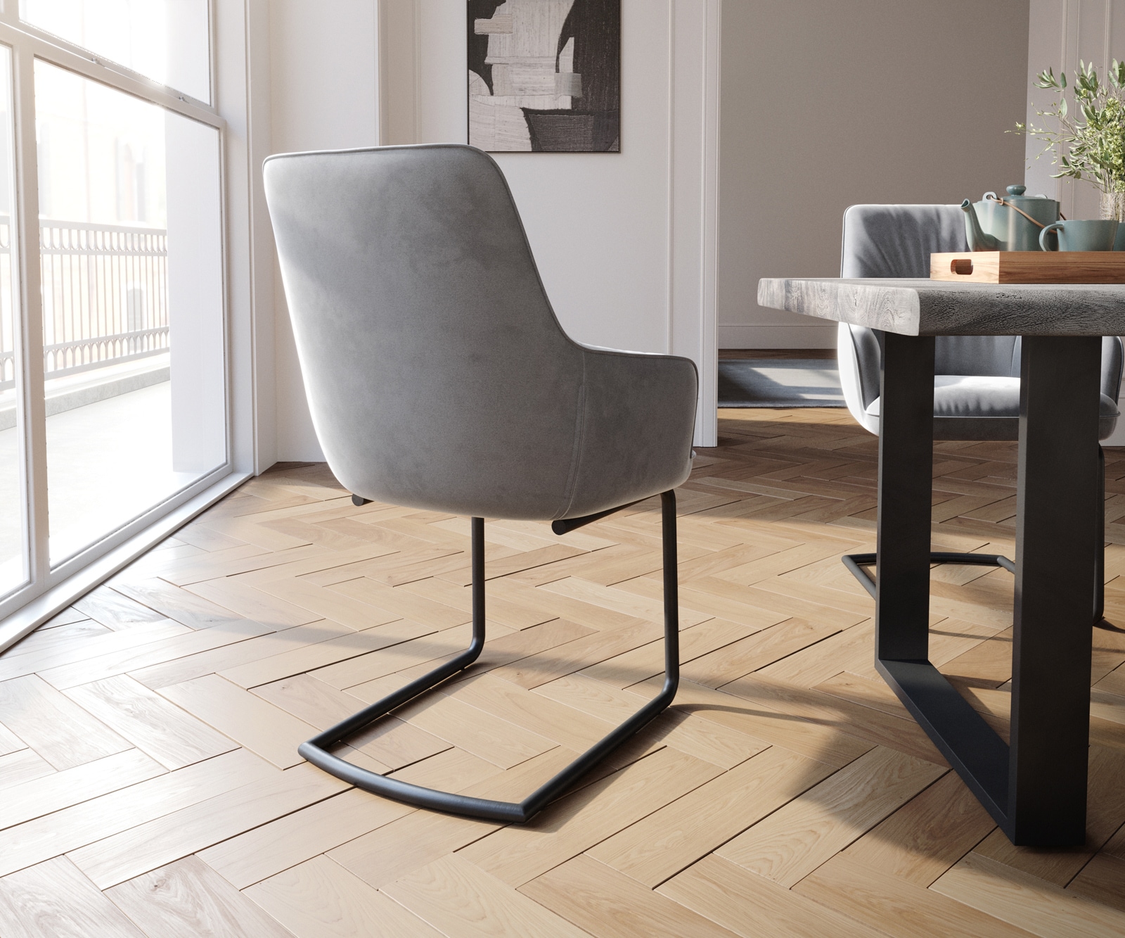 Sledemodel Zelia-Flex met armleuning fluweel grijs sledemodel rond zwart pocketveer kern 4 Sledemodel Zelia-Flex met armleuning fluweel grijs sledemodel rond zwart pocketveer kern 4