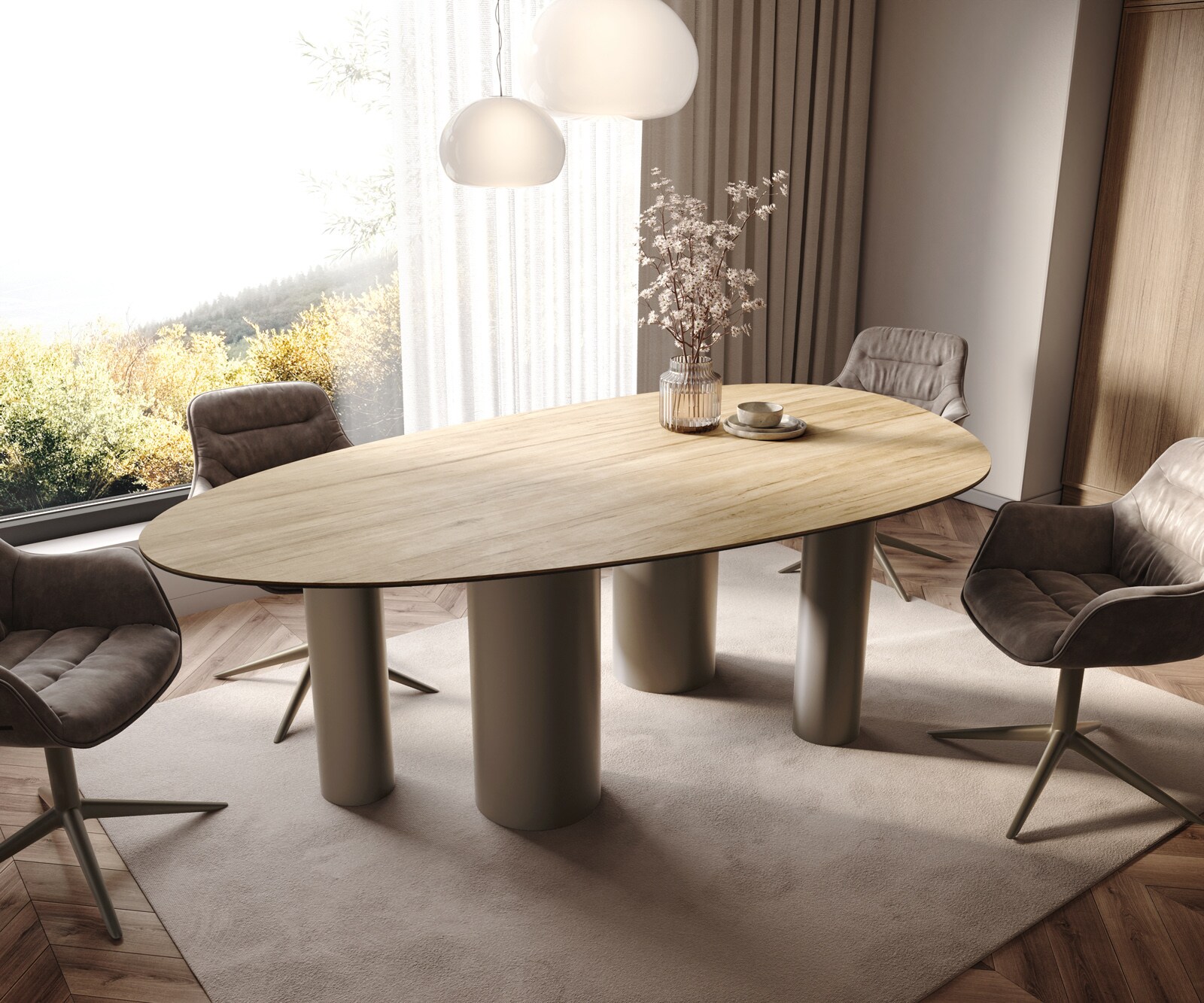 Eetkamertafel Edge ovaal 220x120 keramiek Laminam® Sabbia eiken kleur Pilier metaal effectafwerking titaan 1